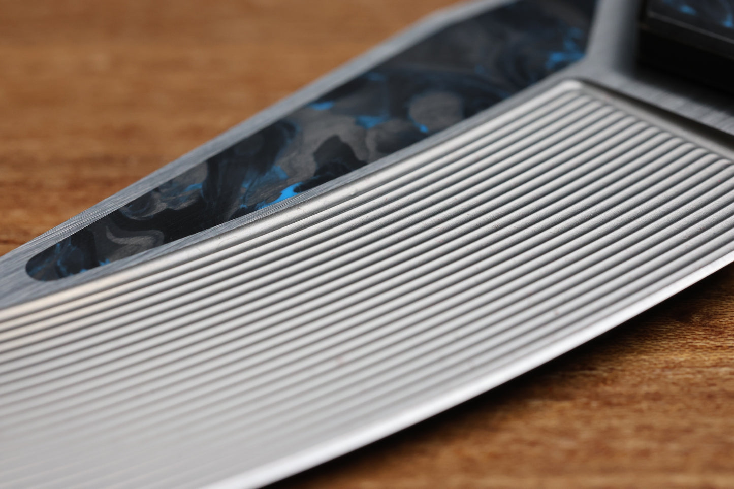 CUSTOM KNIFE FACTORY & MIKKEL WILLUMSEN GOZER TITANIUM HANDLES W/ BLUE CARBON FIBER ACCENTS & M398