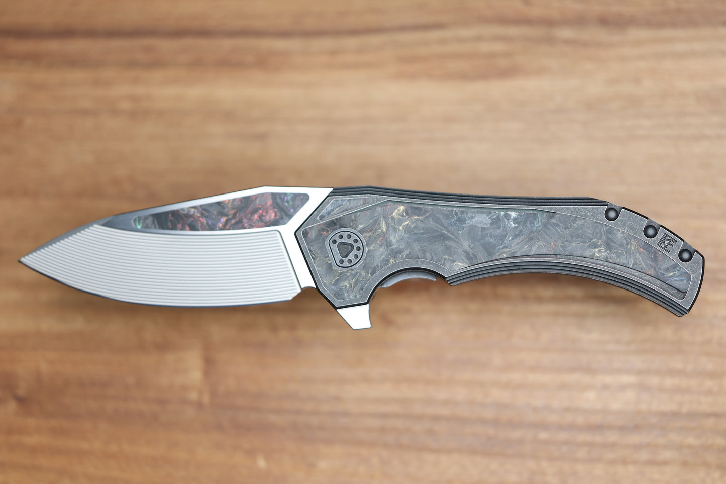CUSTOM KNIFE FACTORY & MIKKEL WILLUMSEN GOZER TITANIUM HANDLES W/ COLOURED CARBON FIBER ACCENTS & M398