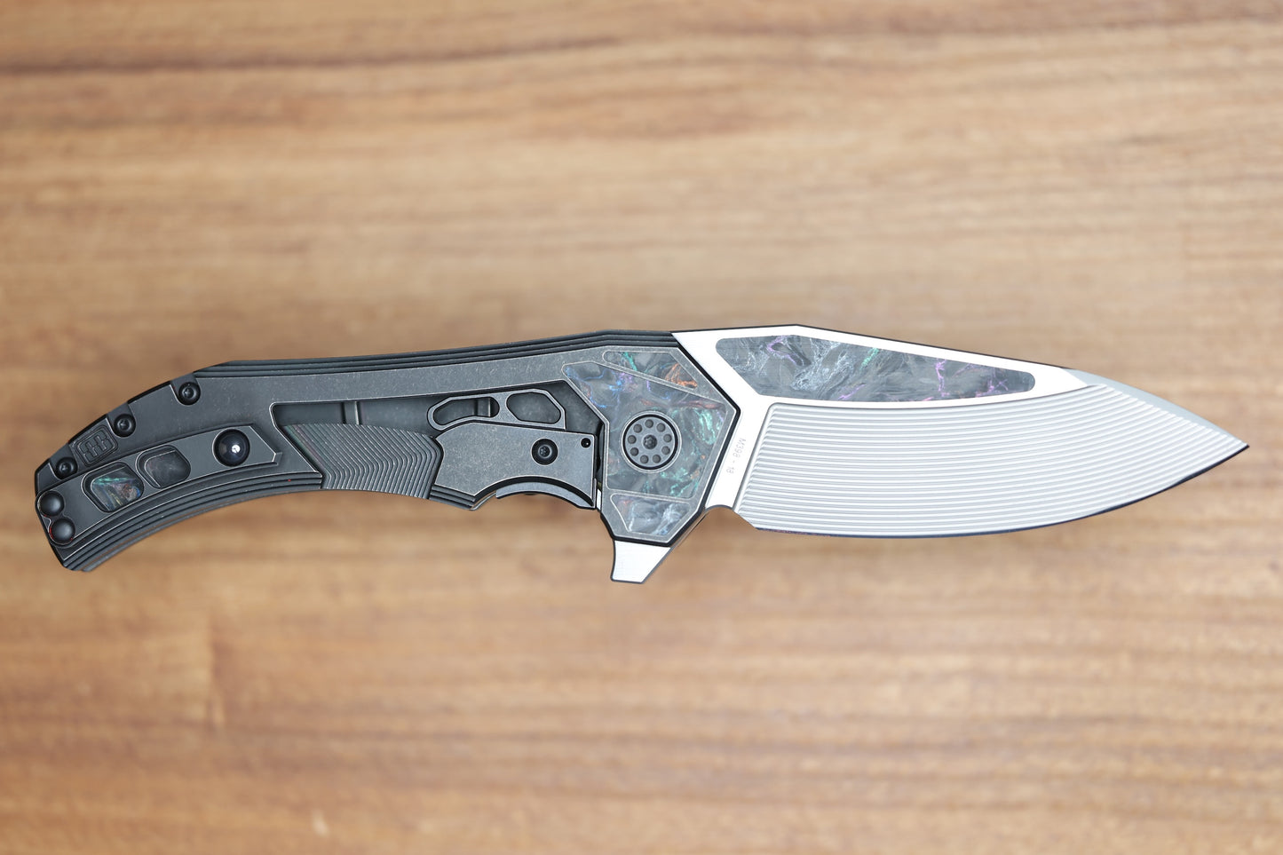CUSTOM KNIFE FACTORY & MIKKEL WILLUMSEN GOZER TITANIUM HANDLES W/ COLOURED CARBON FIBER ACCENTS & M398