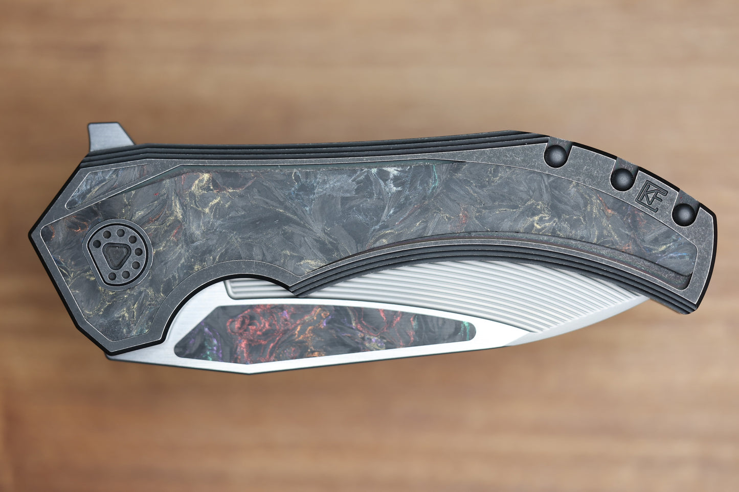 CUSTOM KNIFE FACTORY & MIKKEL WILLUMSEN GOZER TITANIUM HANDLES W/ COLOURED CARBON FIBER ACCENTS & M398