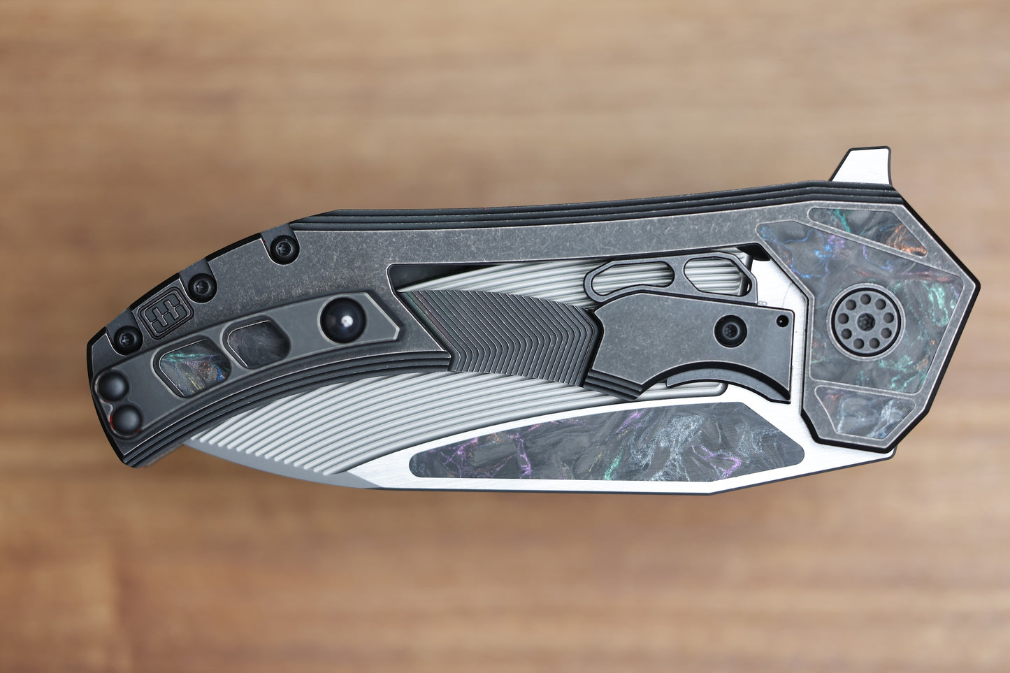 CUSTOM KNIFE FACTORY & MIKKEL WILLUMSEN GOZER TITANIUM HANDLES W/ COLOURED CARBON FIBER ACCENTS & M398