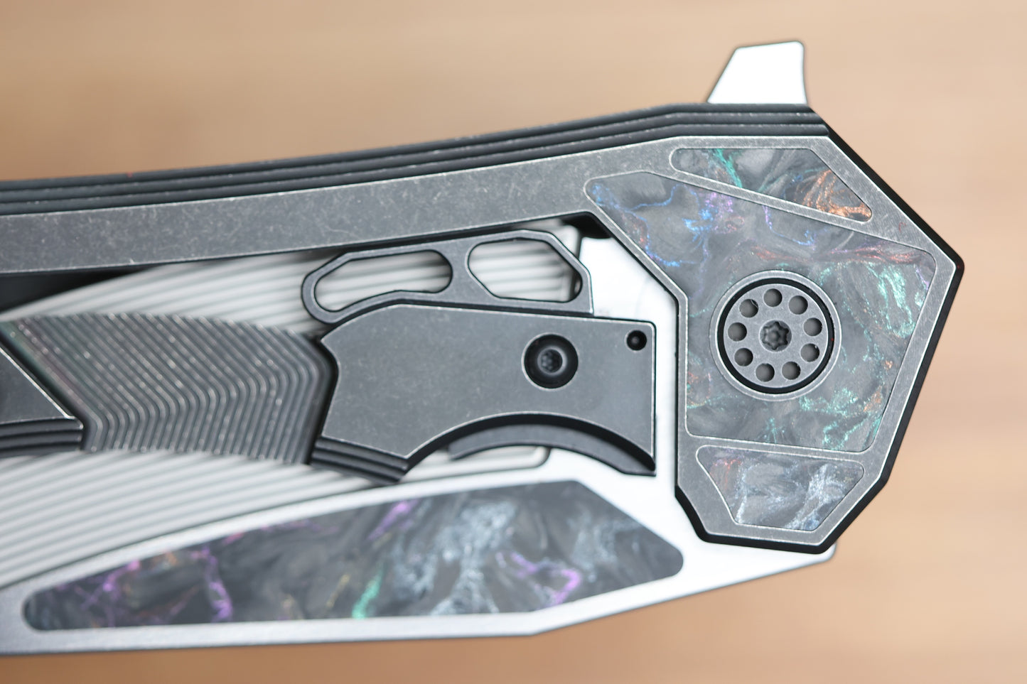 CUSTOM KNIFE FACTORY & MIKKEL WILLUMSEN GOZER TITANIUM HANDLES W/ COLOURED CARBON FIBER ACCENTS & M398
