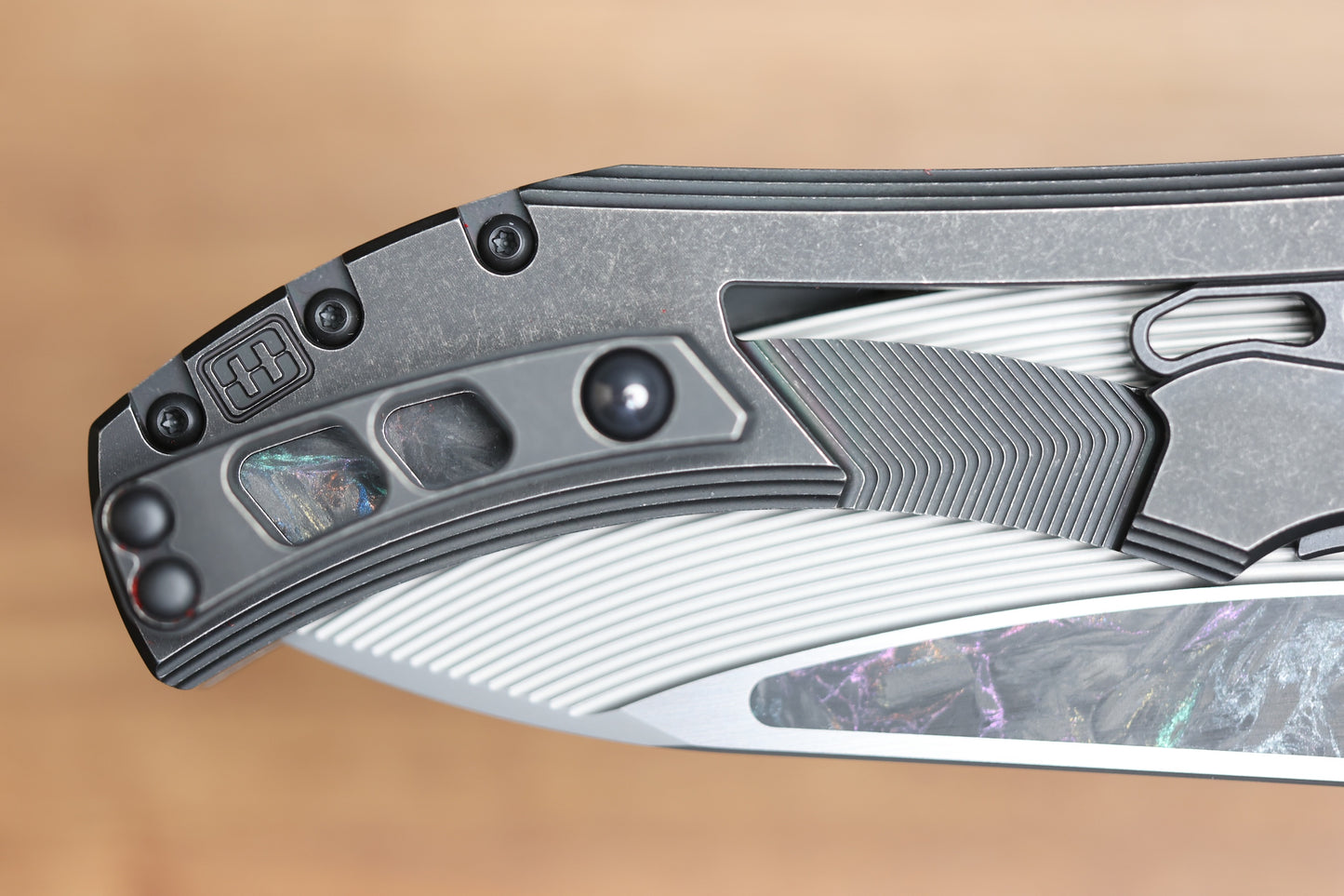 CUSTOM KNIFE FACTORY & MIKKEL WILLUMSEN GOZER TITANIUM HANDLES W/ COLOURED CARBON FIBER ACCENTS & M398
