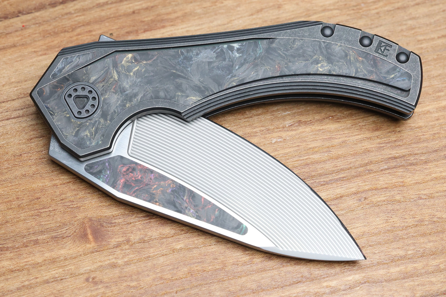 CUSTOM KNIFE FACTORY & MIKKEL WILLUMSEN GOZER TITANIUM HANDLES W/ COLOURED CARBON FIBER ACCENTS & M398