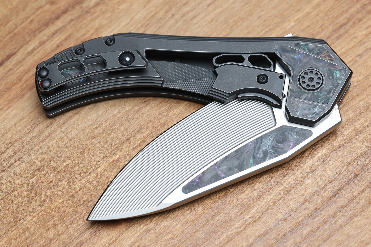 CUSTOM KNIFE FACTORY & MIKKEL WILLUMSEN GOZER TITANIUM HANDLES W/ COLOURED CARBON FIBER ACCENTS & M398