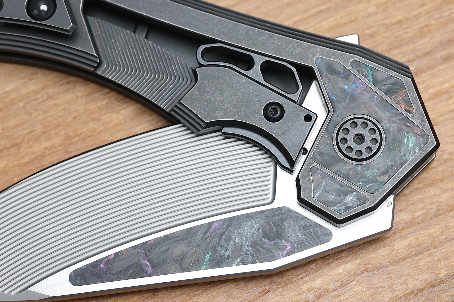 CUSTOM KNIFE FACTORY & MIKKEL WILLUMSEN GOZER TITANIUM HANDLES W/ COLOURED CARBON FIBER ACCENTS & M398