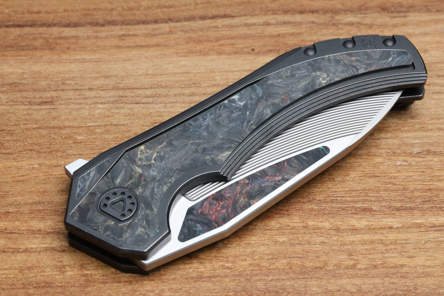 CUSTOM KNIFE FACTORY & MIKKEL WILLUMSEN GOZER TITANIUM HANDLES W/ COLOURED CARBON FIBER ACCENTS & M398