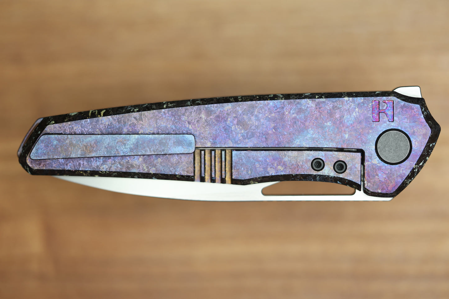 CUSTOM KNIFE FACTORY TASCA PURPLE CRYSTAL TITANIUM HANDLES & M398