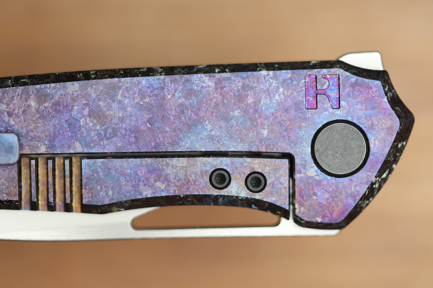 CUSTOM KNIFE FACTORY TASCA PURPLE CRYSTAL TITANIUM HANDLES & M398