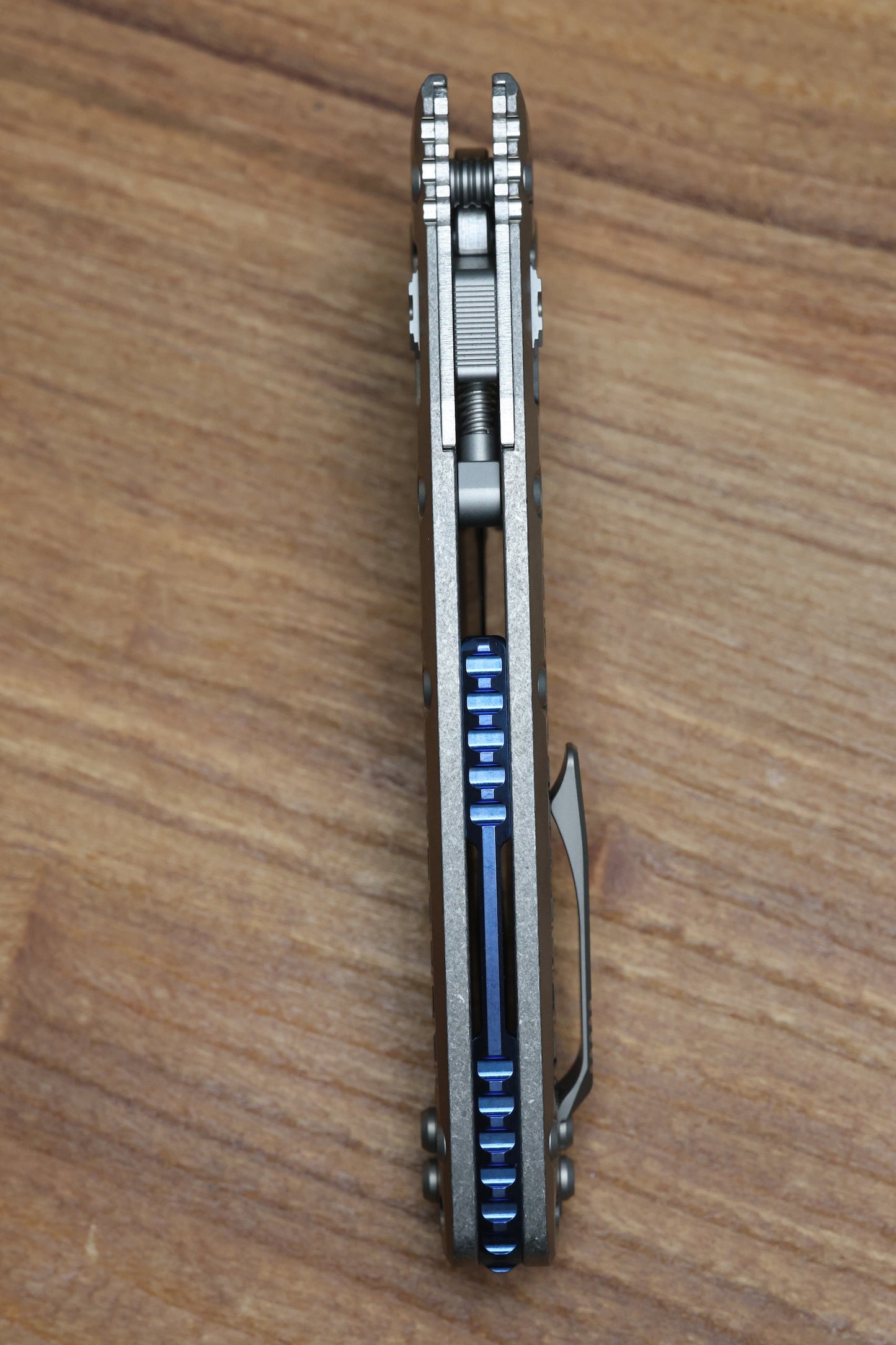 MICROTECH KNIVES "MARFIONE SELECT" AMPHIBIAN - RAM-LOK STONEWASH FINISH FRAG PATTERN TITANIUM W/ BLUE TITANIUM ACCENT 137RL-10FRMS2