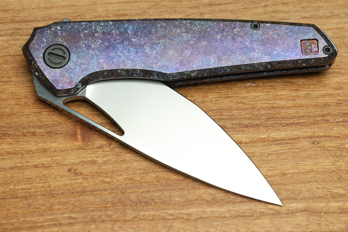 CUSTOM KNIFE FACTORY TASCA PURPLE CRYSTAL TITANIUM HANDLES & M398