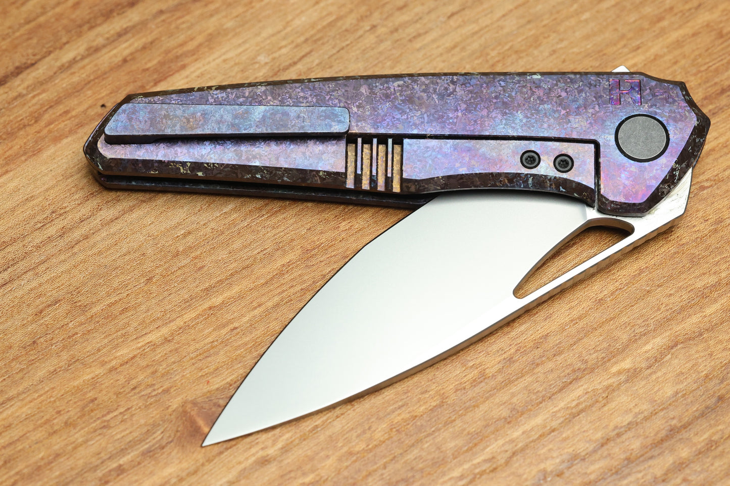 CUSTOM KNIFE FACTORY TASCA PURPLE CRYSTAL TITANIUM HANDLES & M398