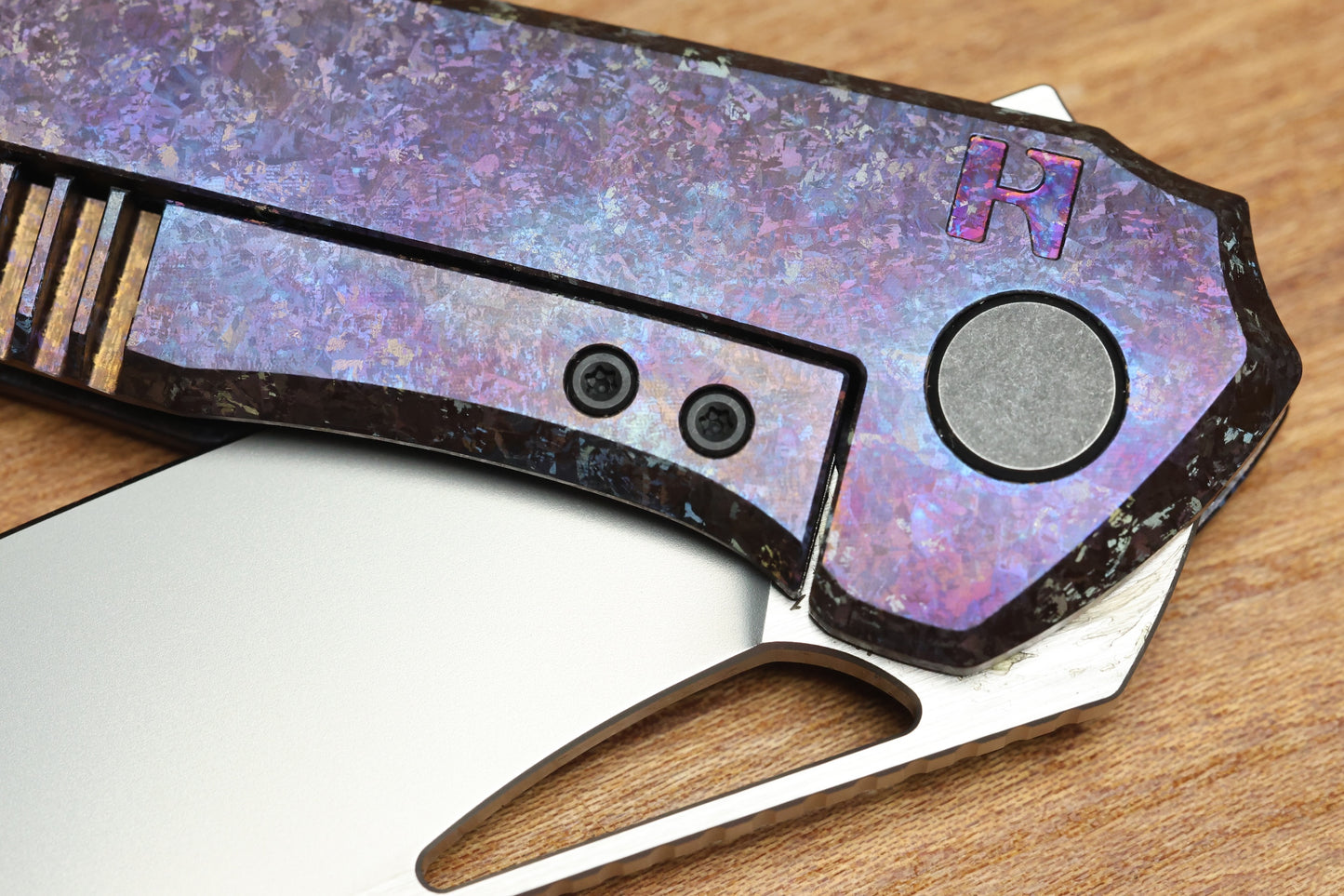CUSTOM KNIFE FACTORY TASCA PURPLE CRYSTAL TITANIUM HANDLES & M398
