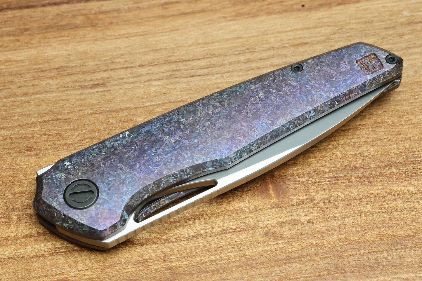CUSTOM KNIFE FACTORY TASCA PURPLE CRYSTAL TITANIUM HANDLES & M398