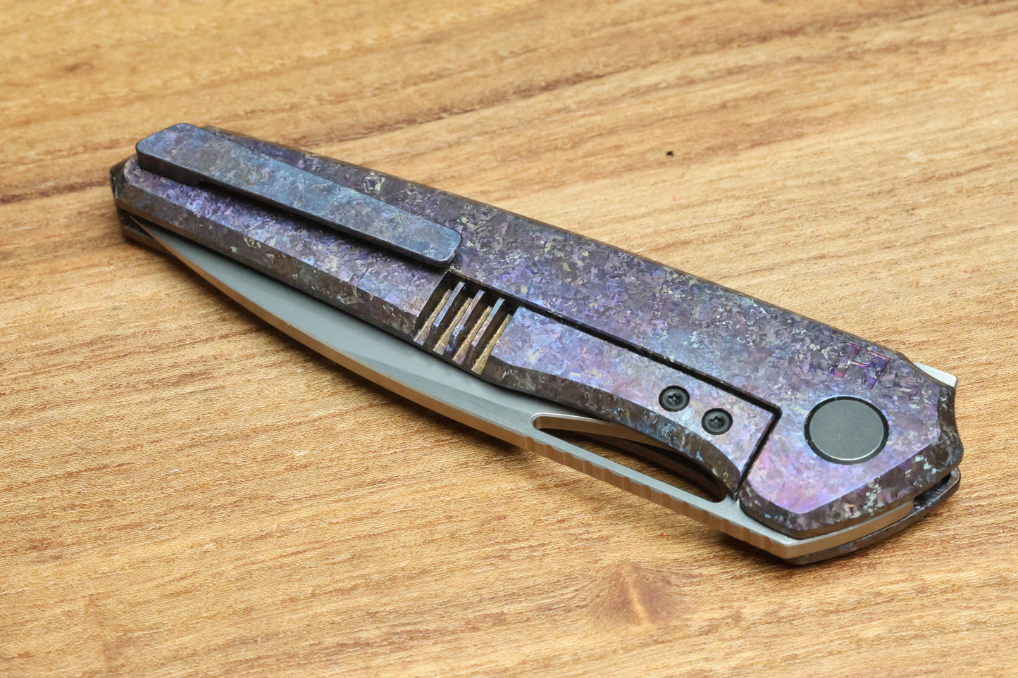 CUSTOM KNIFE FACTORY TASCA PURPLE CRYSTAL TITANIUM HANDLES & M398