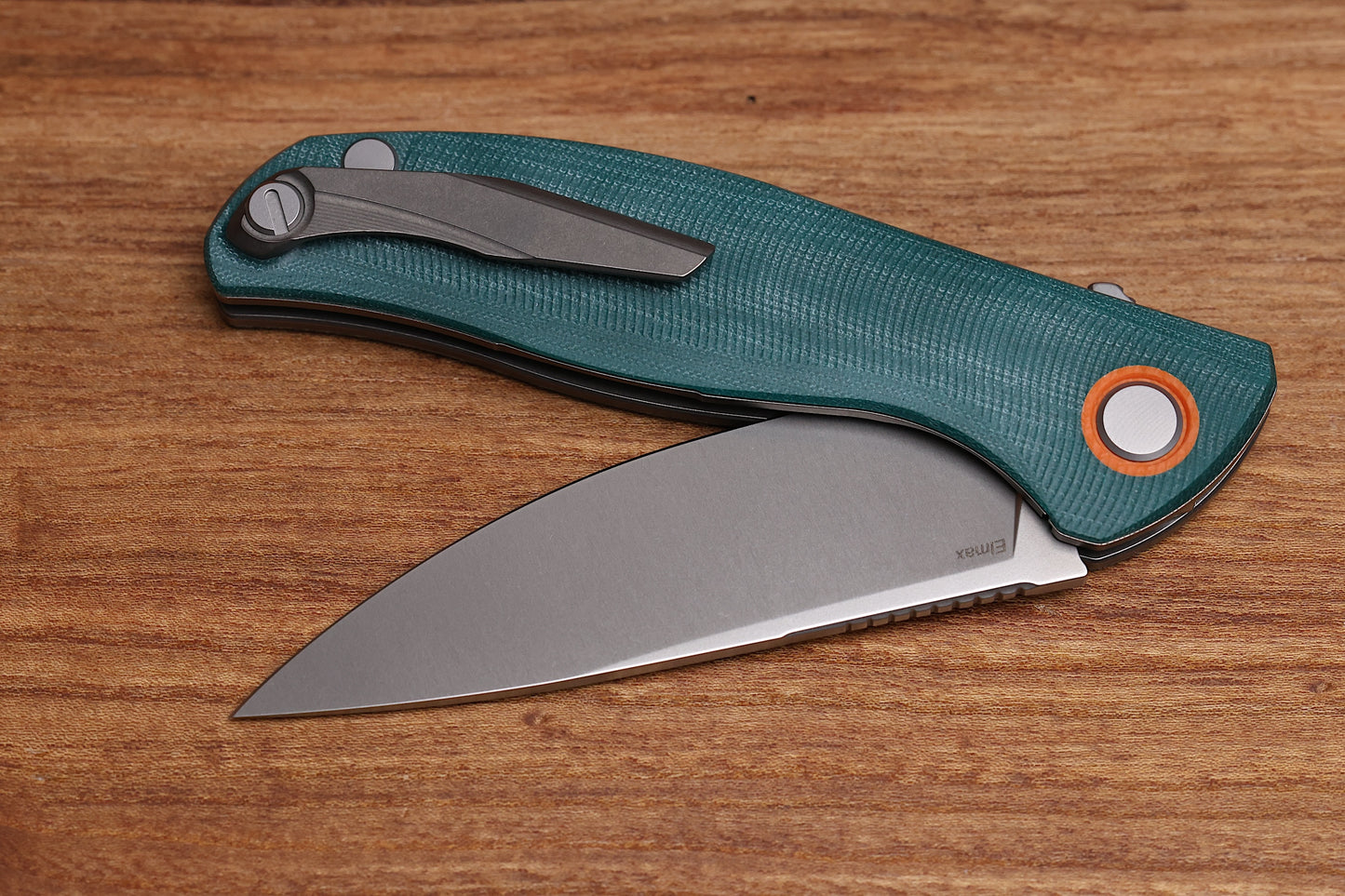 SHIROGOROV F3 – ELMAX BLADE – EMERALD MICARTA HANDLE W/ ORANGE G10 ACCENTS – MRBS