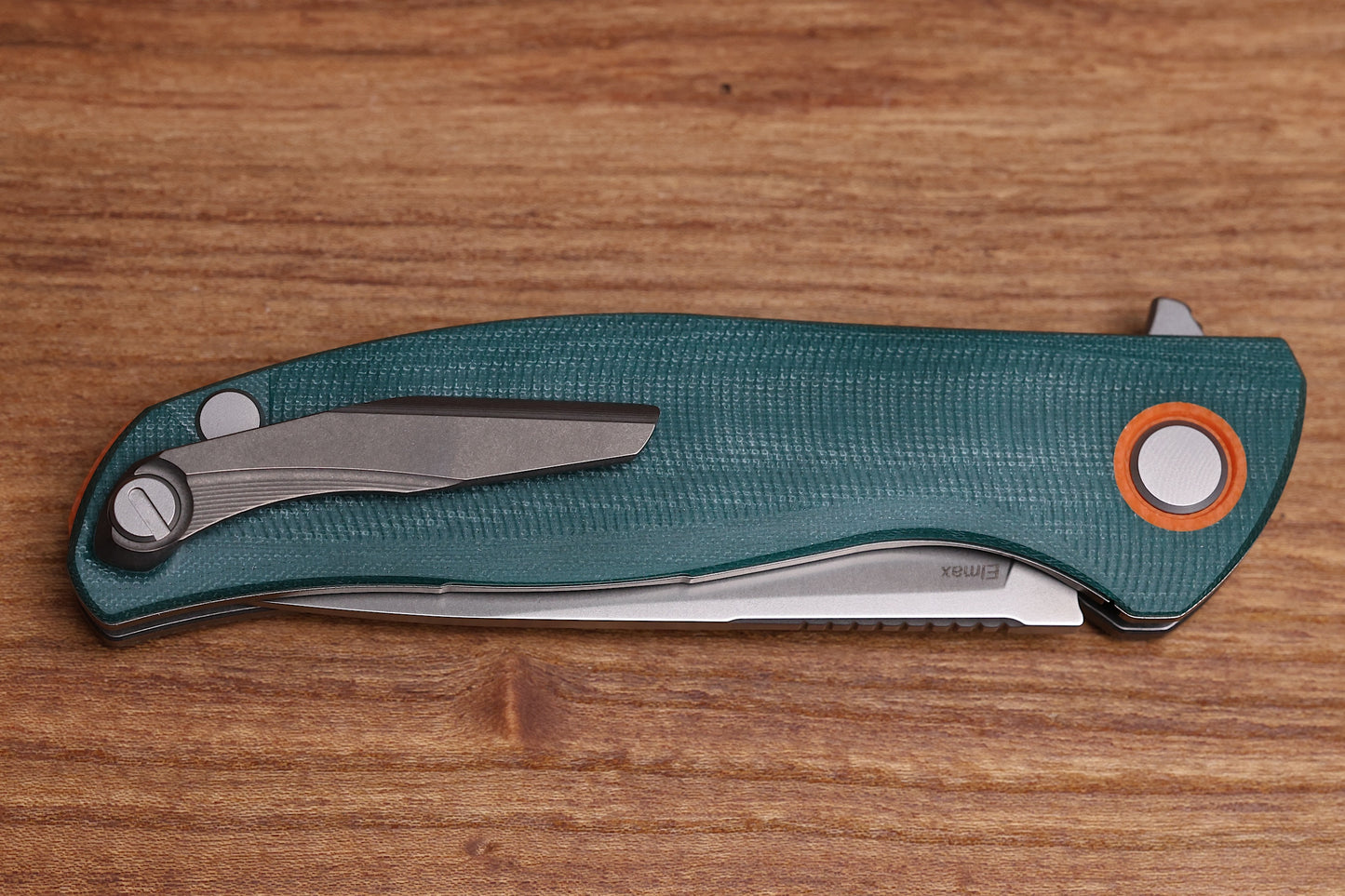 SHIROGOROV F3 – ELMAX BLADE – EMERALD MICARTA HANDLE W/ ORANGE G10 ACCENTS – MRBS