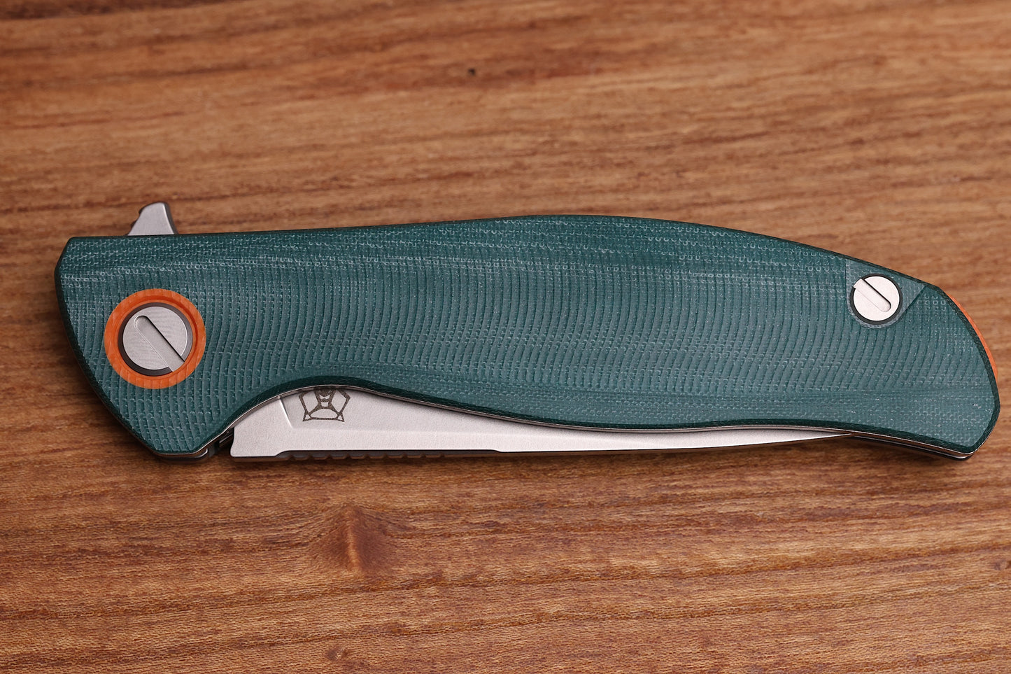 SHIROGOROV F3 – ELMAX BLADE – EMERALD MICARTA HANDLE W/ ORANGE G10 ACCENTS – MRBS