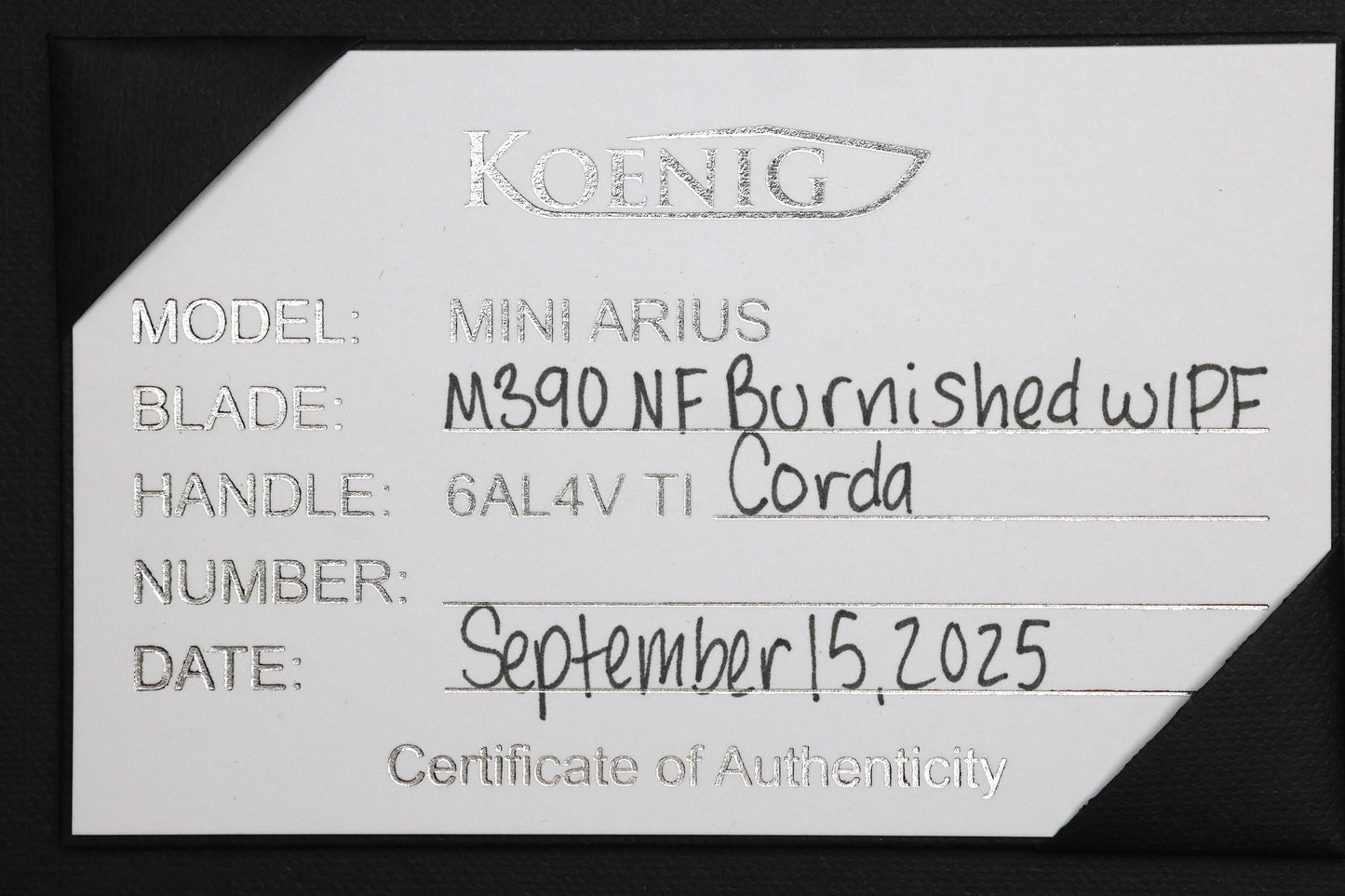 KOENIG KNIVES MINI ARIUS - NON FLIPPER - CORDA TITANIUM HANDLE - SILVER HARDWARE - BURNISHED W/ POLISHED FLATS M390 BLADE
