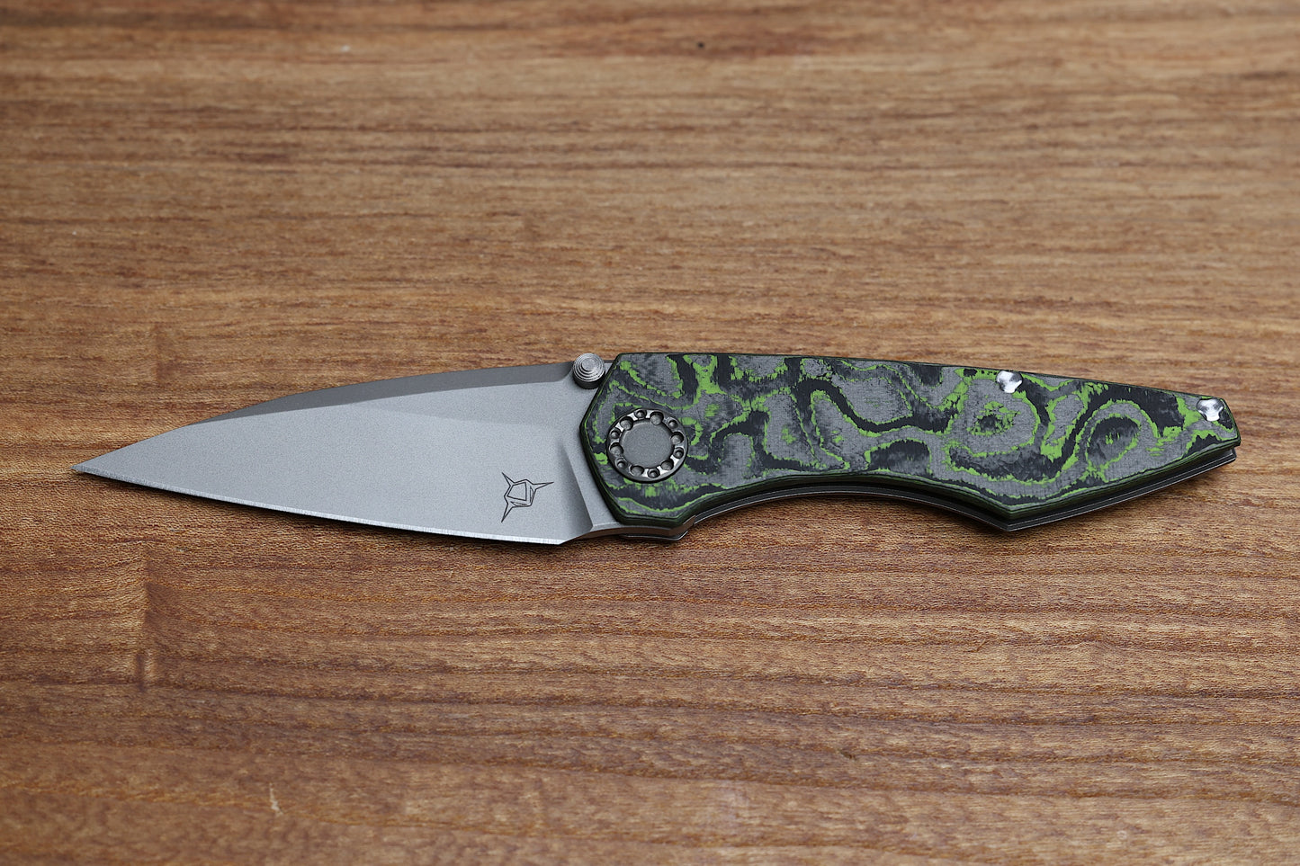 SHARKNIVCO KNIVES CUSTOM MINI GOBLIN FOLDING KNIFE TOXIC GREEN CAMO CARBON 3.1" BEAD BLASTED WHARNCLIFFE