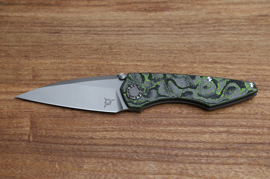 SHARKNIVCO KNIVES CUSTOM MINI GOBLIN FOLDING KNIFE TOXIC GREEN CAMO CARBON 3.1" BEAD BLASTED WHARNCLIFFE