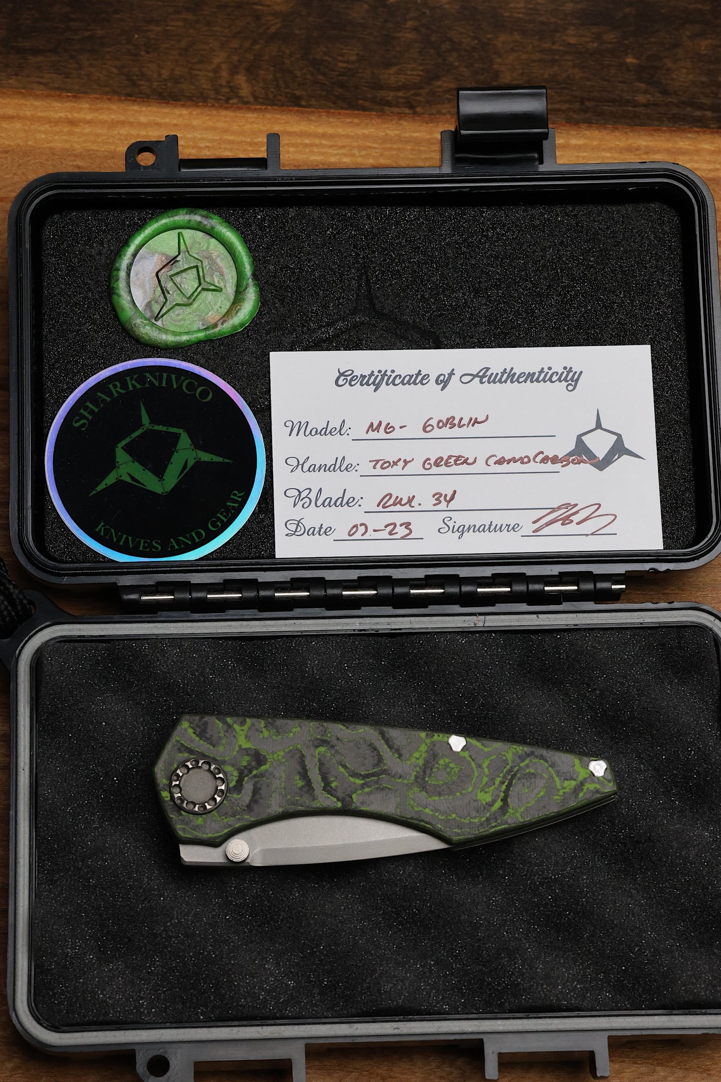 SHARKNIVCO KNIVES CUSTOM MINI GOBLIN FOLDING KNIFE TOXIC GREEN CAMO CARBON 3.1" BEAD BLASTED WHARNCLIFFE