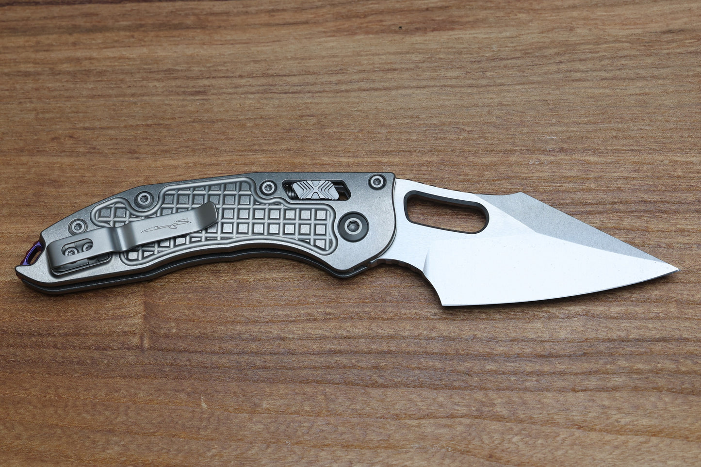 MICROTECH MARFIONE SELECT MANUAL STITCH RAM LOK FRAG TITANIUM HANDLES & STONEWASH M390MK W/ DOUBLE VAPOR BLAST & PURPLE ACCENTS 169RL-10FRMS3