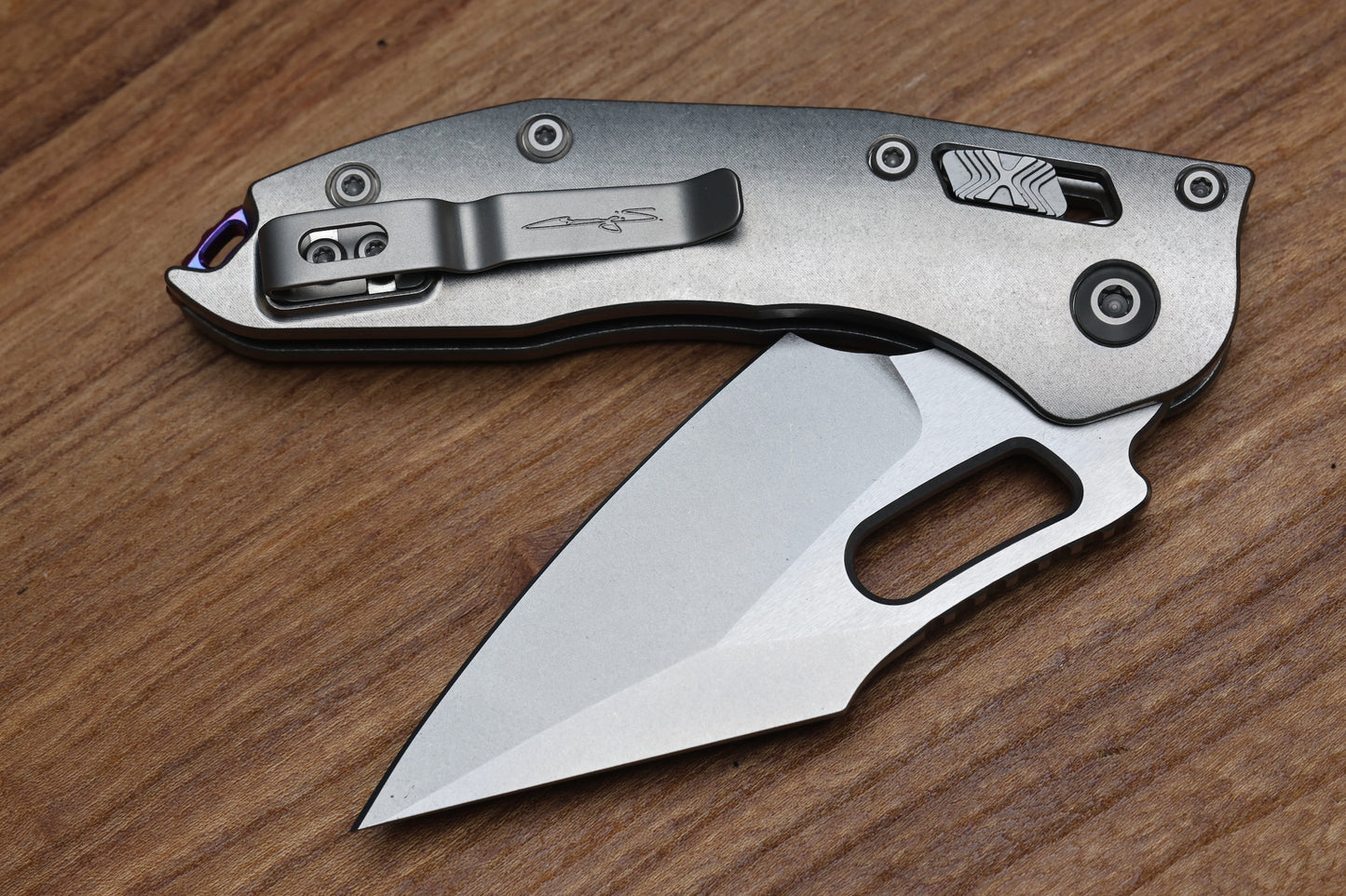 MICROTECH MARFIONE SELECT MANUAL STITCH RAM LOK TITANIUM HANDLES & STONEWASH M390MK W/ DOUBLE VAPOR BLAST & PURPLE ACCENTS 169RL-10MS3