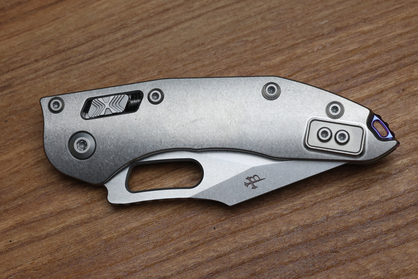 MICROTECH MARFIONE SELECT MANUAL STITCH RAM LOK TITANIUM HANDLES & STONEWASH M390MK W/ DOUBLE VAPOR BLAST & PURPLE ACCENTS 169RL-10MS3