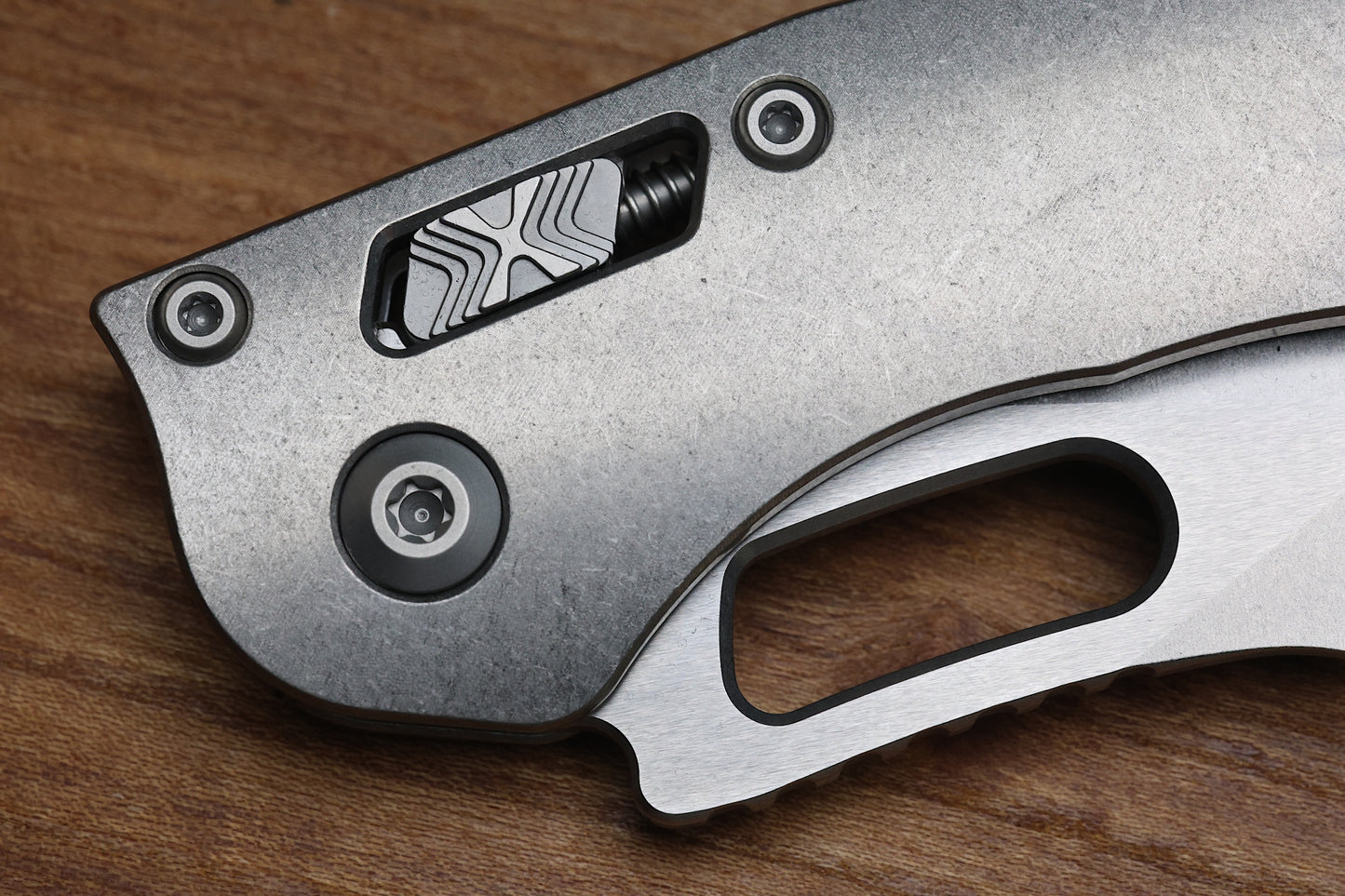 MICROTECH MARFIONE SELECT MANUAL STITCH RAM LOK TITANIUM HANDLES & STONEWASH M390MK W/ DOUBLE VAPOR BLAST & PURPLE ACCENTS 169RL-10MS3