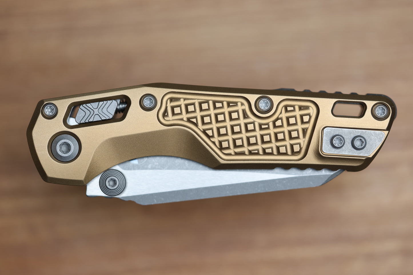 MICROTECH MSI RAM LOK MINI TAN FRAG ALUMINUM HANDLES W/ APOCALYPTIC M390MK 210M-10FRTA
