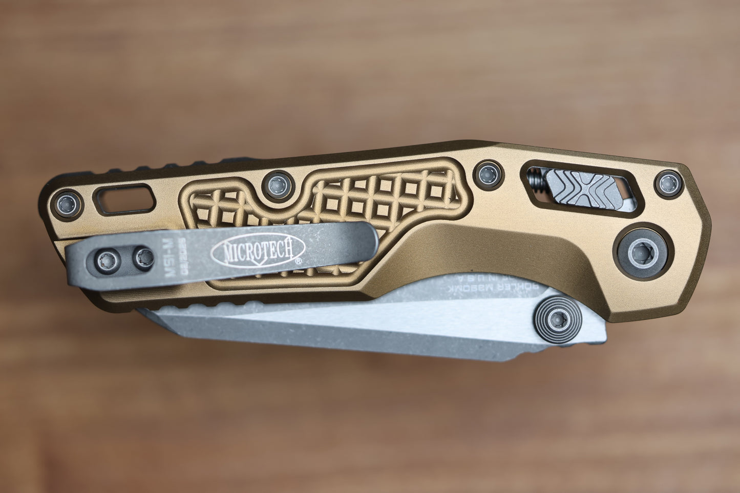 MICROTECH MSI RAM LOK MINI TAN FRAG ALUMINUM HANDLES W/ APOCALYPTIC M390MK 210M-10FRTA