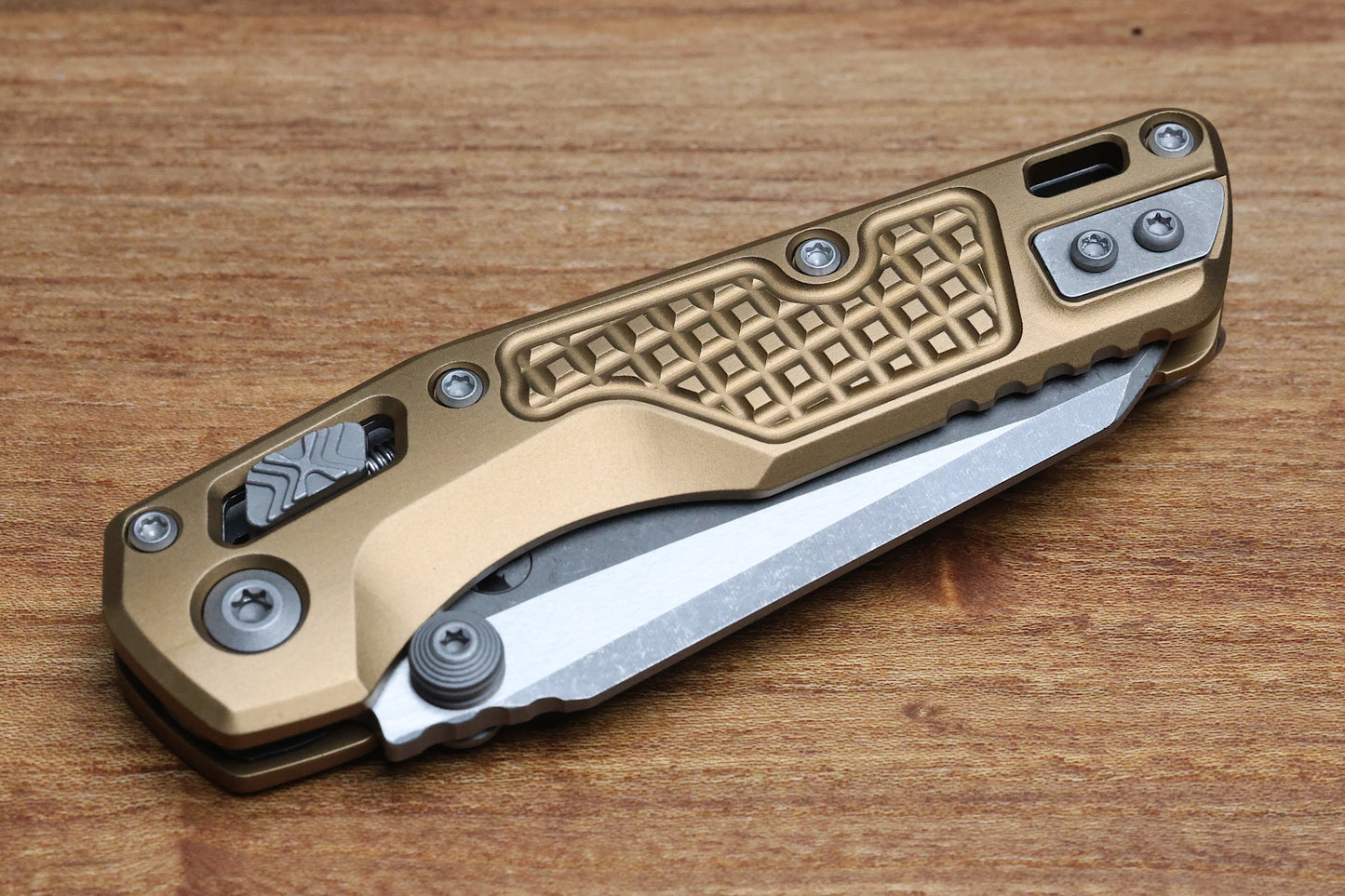 MICROTECH MSI RAM LOK MINI TAN FRAG ALUMINUM HANDLES W/ APOCALYPTIC M390MK 210M-10FRTA