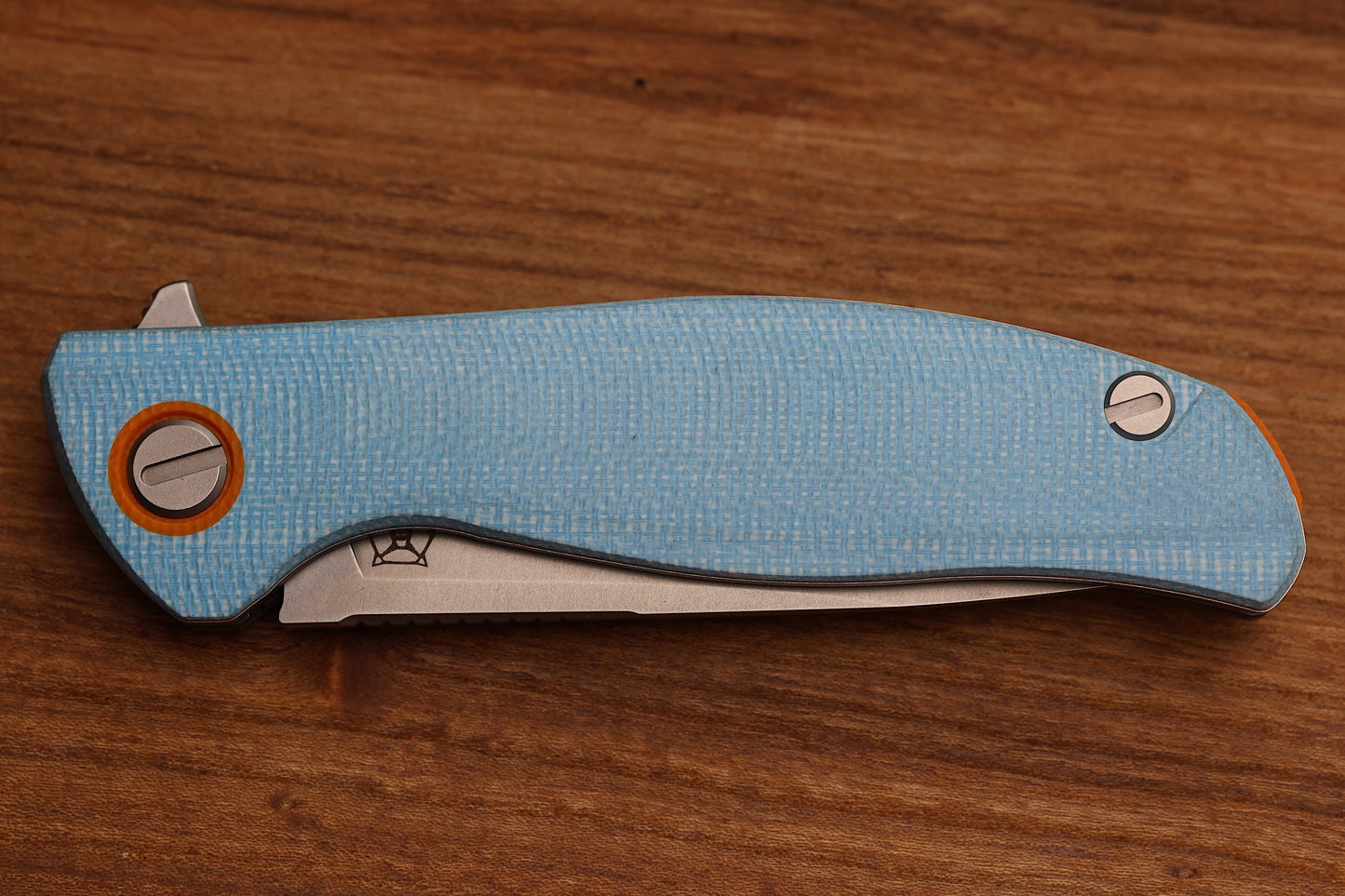 SHIROGOROV F3 - ELMAX BLADE - BLUE MICARTA W/ ORANGE G10 ACCENTS - MRBS