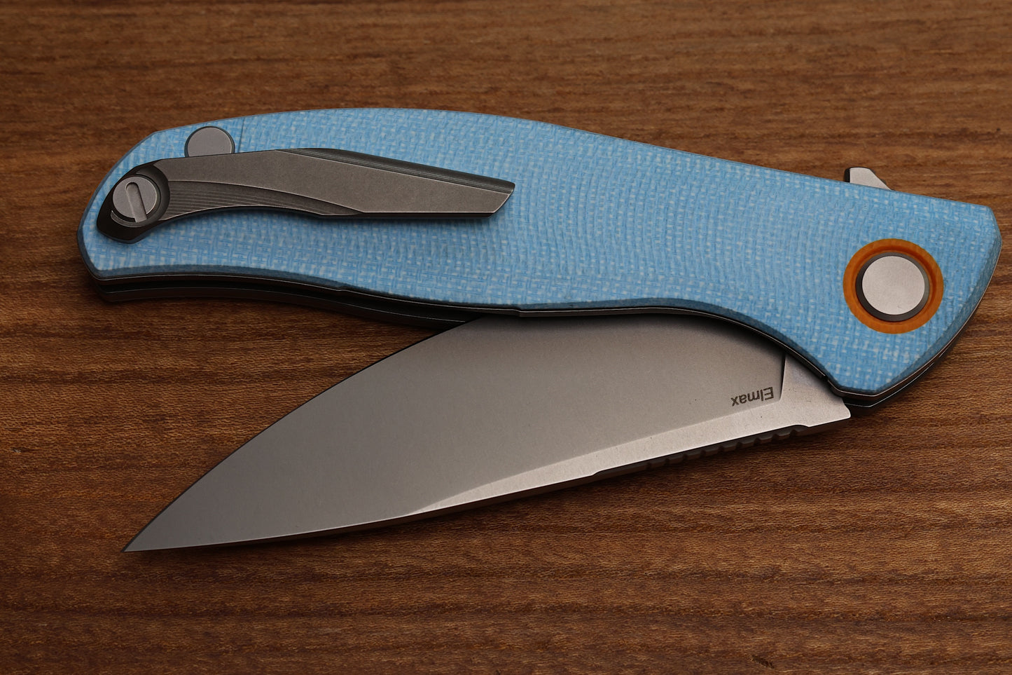 SHIROGOROV F3 - ELMAX BLADE - BLUE MICARTA W/ ORANGE G10 ACCENTS - MRBS