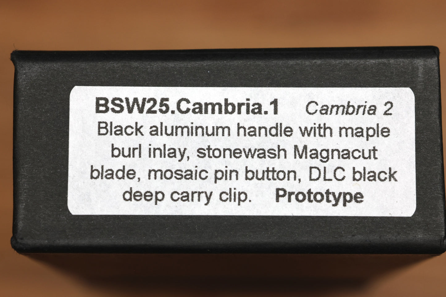 PRO-TECH CAMBRIA MANUAL BLACK ALUMINUM HANDLES W/ MAPLE BURL INLAY & STONEWASH MAGNACUT BSW25.CAMBRIA.1 PROTOTYPE