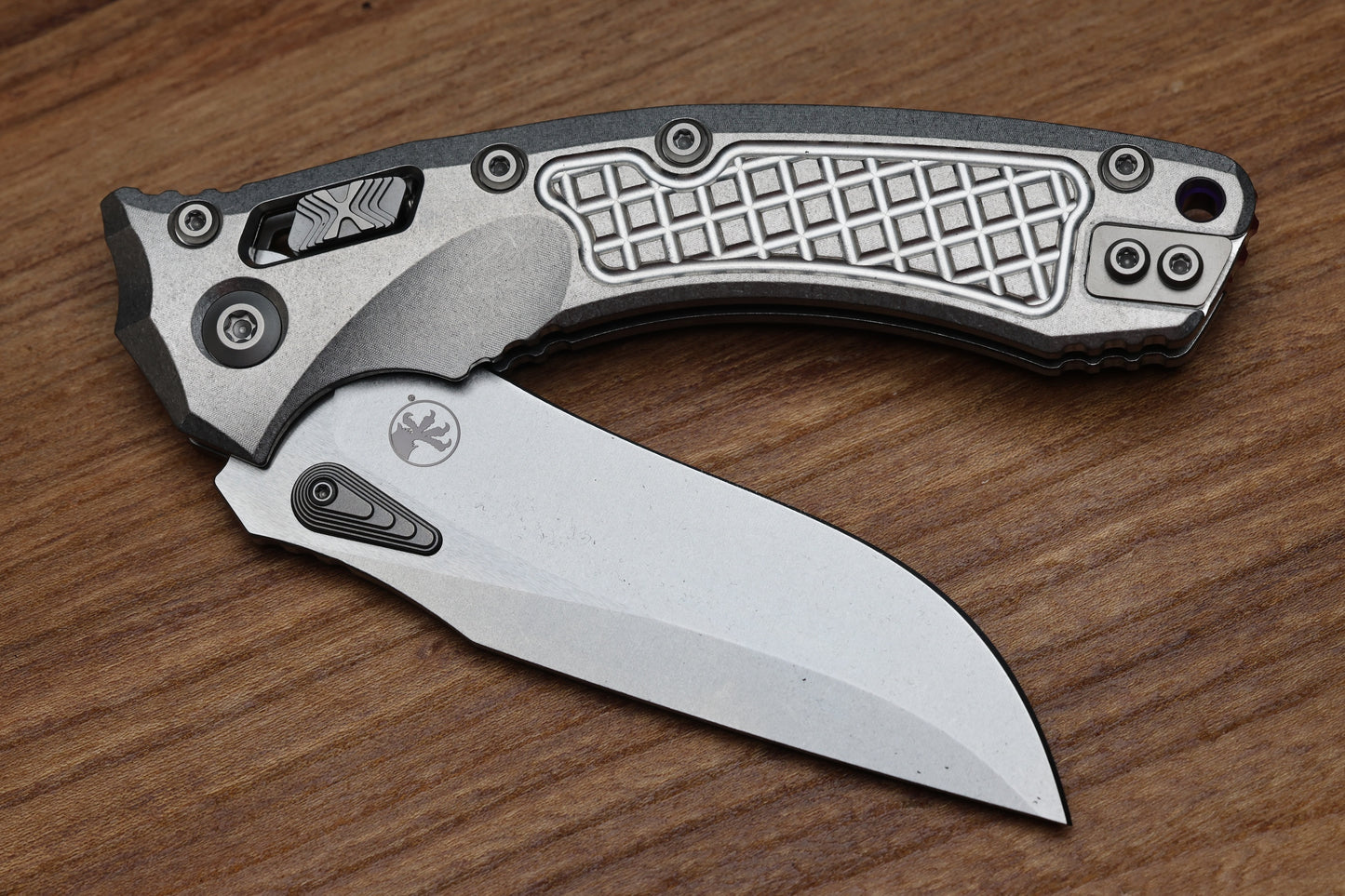 MICROTECH MARFIONE SELECT AMPHIBIAN RAM LOK TITANIUM FRAG HANDLES & STONEWASH M390MK W/ DOUBLE VAPOR BLAST & PURPLE ACCENTS 137RL-10FRMS3