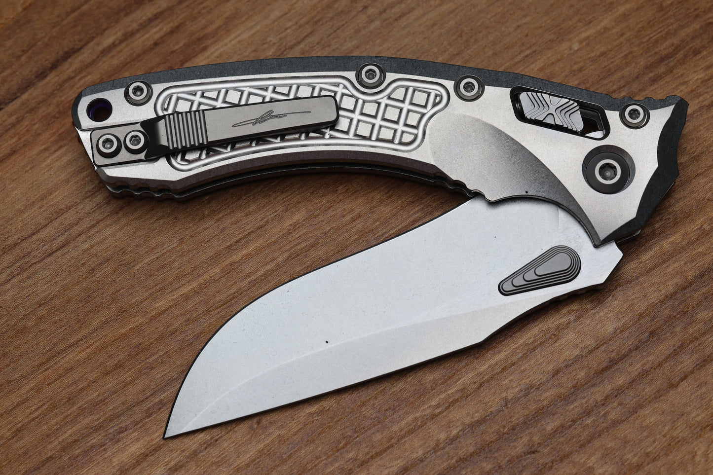 MICROTECH MARFIONE SELECT AMPHIBIAN RAM LOK TITANIUM FRAG HANDLES & STONEWASH M390MK W/ DOUBLE VAPOR BLAST & PURPLE ACCENTS 137RL-10FRMS3