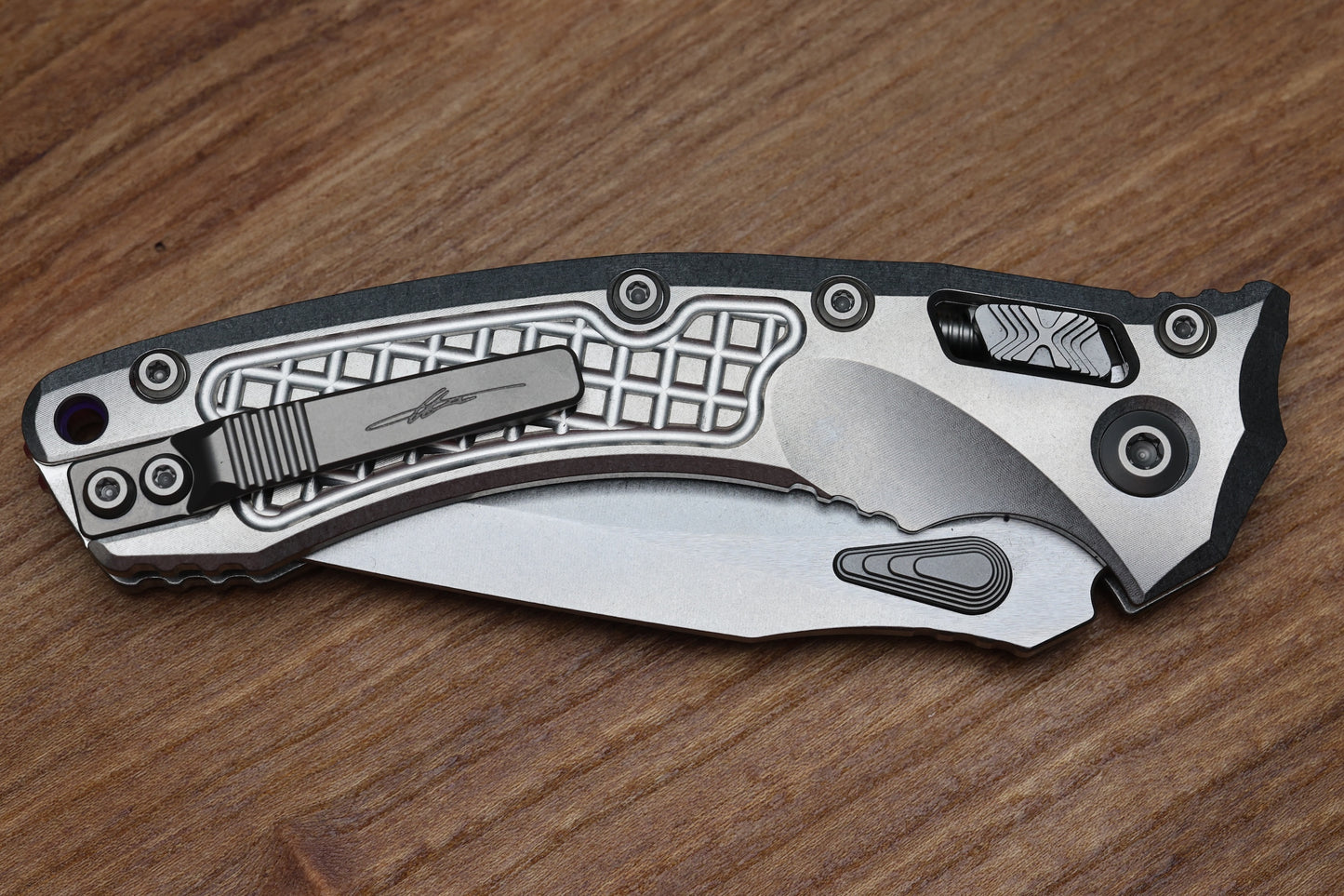 MICROTECH MARFIONE SELECT AMPHIBIAN RAM LOK TITANIUM FRAG HANDLES & STONEWASH M390MK W/ DOUBLE VAPOR BLAST & PURPLE ACCENTS 137RL-10FRMS3