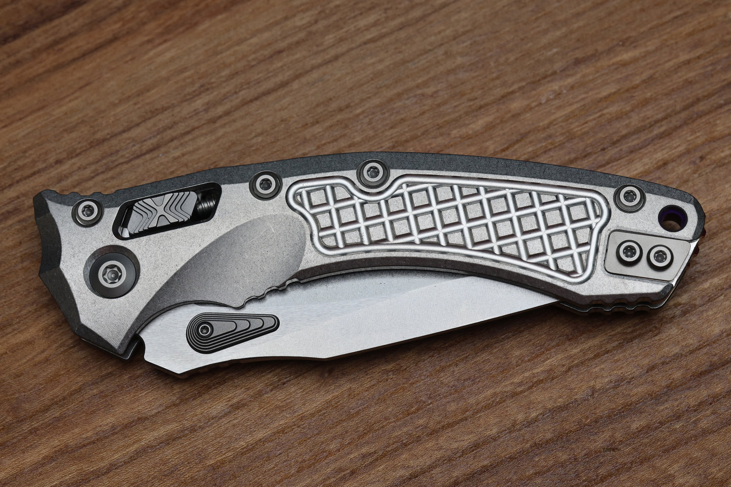 MICROTECH MARFIONE SELECT AMPHIBIAN RAM LOK TITANIUM FRAG HANDLES & STONEWASH M390MK W/ DOUBLE VAPOR BLAST & PURPLE ACCENTS 137RL-10FRMS3