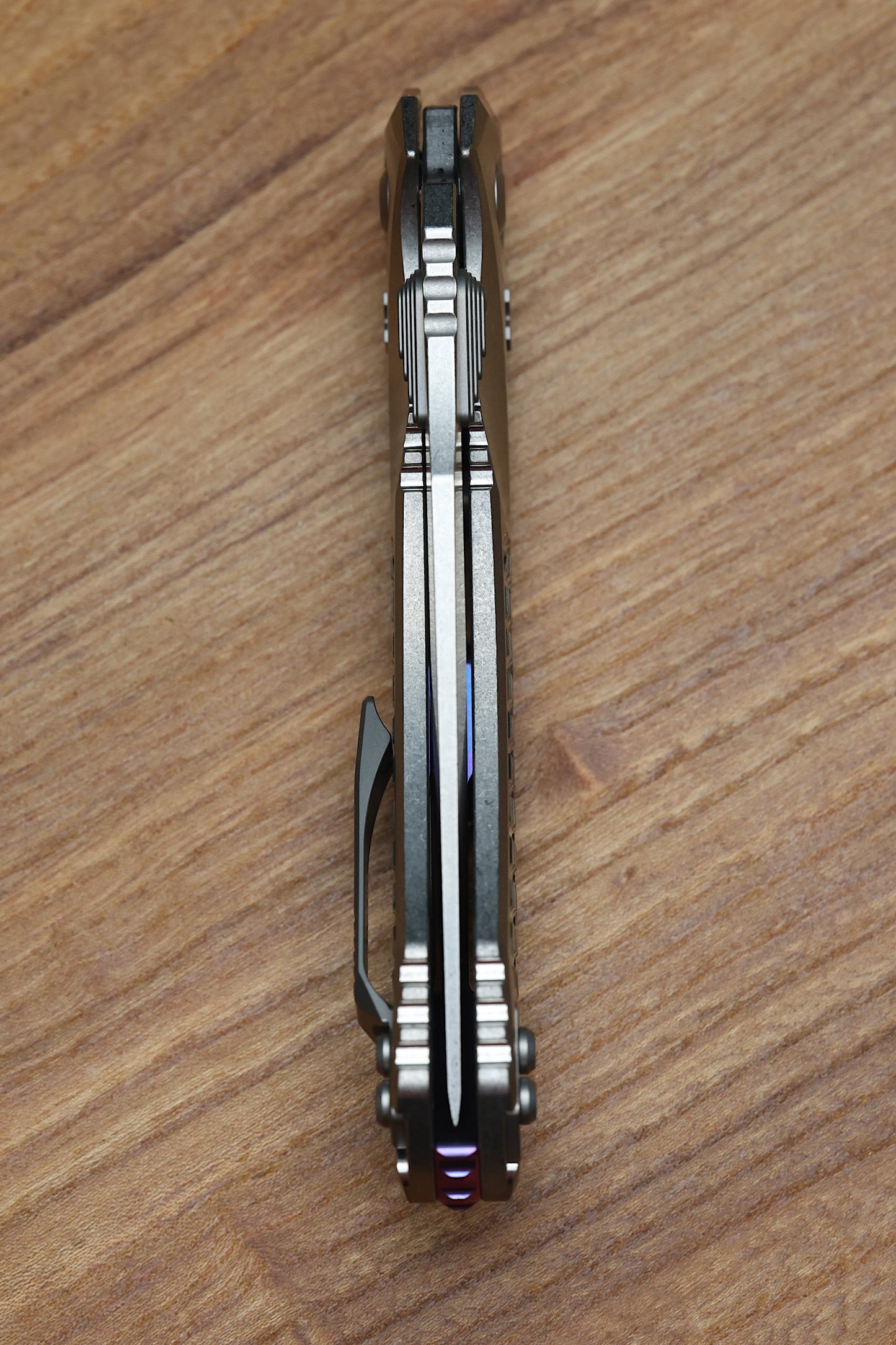 MICROTECH MARFIONE SELECT AMPHIBIAN RAM LOK TITANIUM FRAG HANDLES & STONEWASH M390MK W/ DOUBLE VAPOR BLAST & PURPLE ACCENTS 137RL-10FRMS3