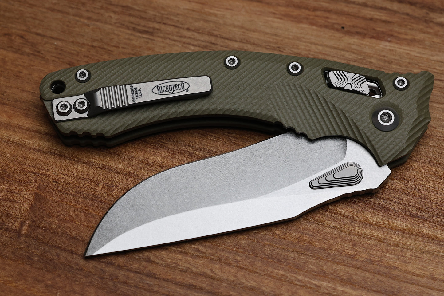 MICROTECH AMPHIBIAN RAM LOK OD GREEN FLUTED G-10 & STONEWASH M390MK 137RL-10 FLGTOD