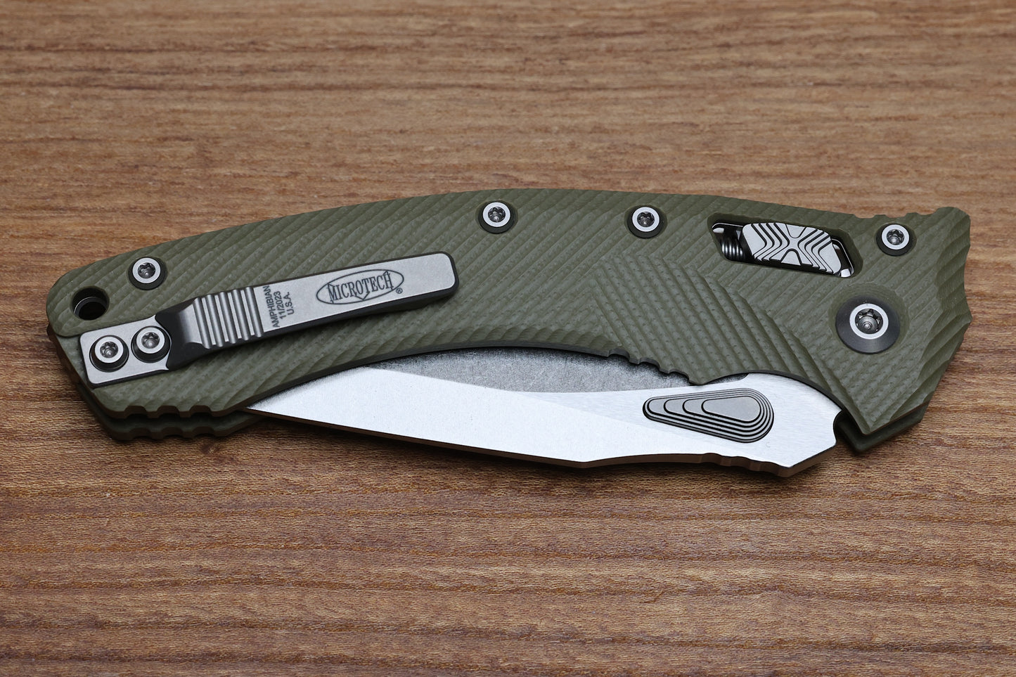 MICROTECH AMPHIBIAN RAM LOK OD GREEN FLUTED G-10 & STONEWASH M390MK 137RL-10 FLGTOD