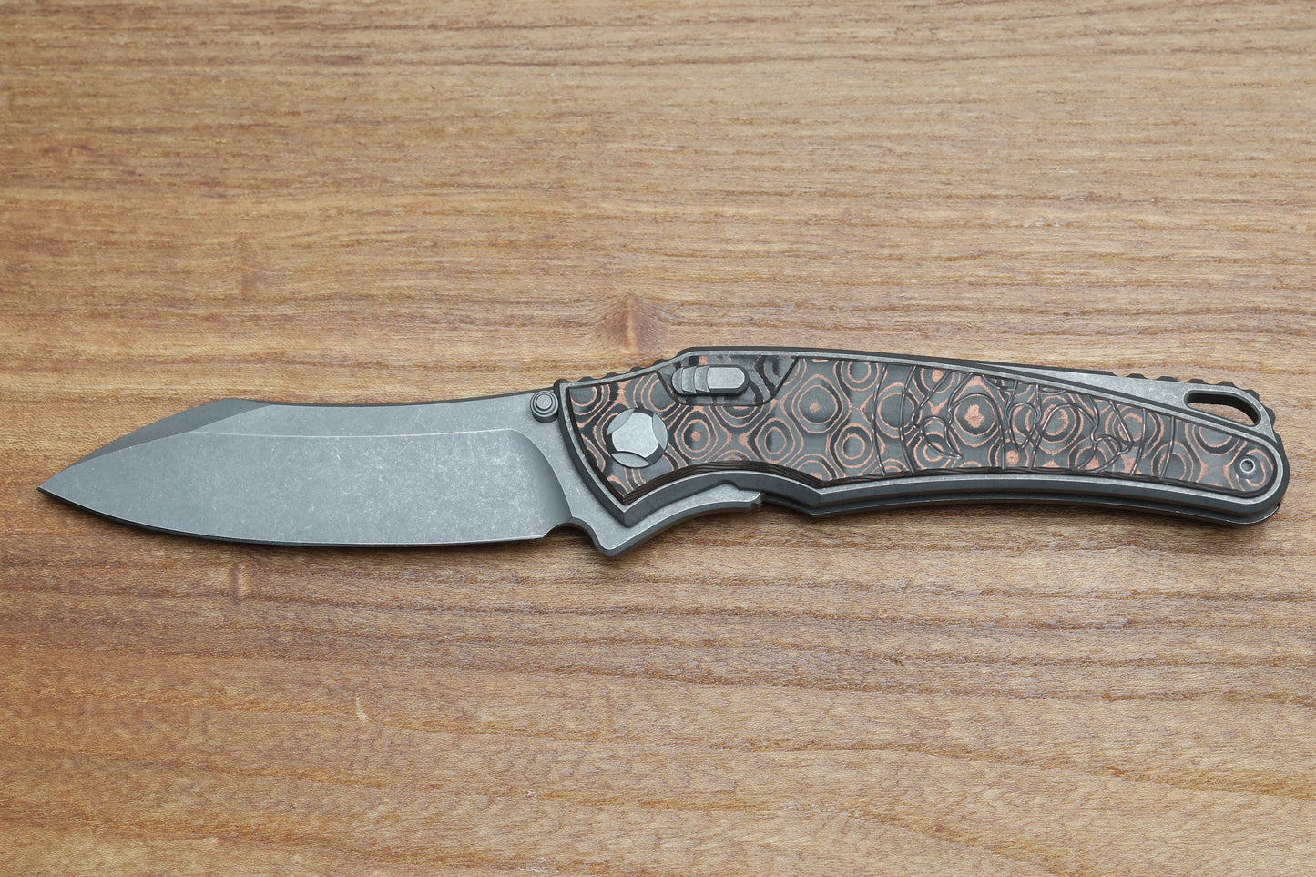 HAWK KNIFE DESIGNS TALON STONEWASHED M390 BLADE, COPPER RAIN DROP FAT CARBON HANDLE OVERLAYS
