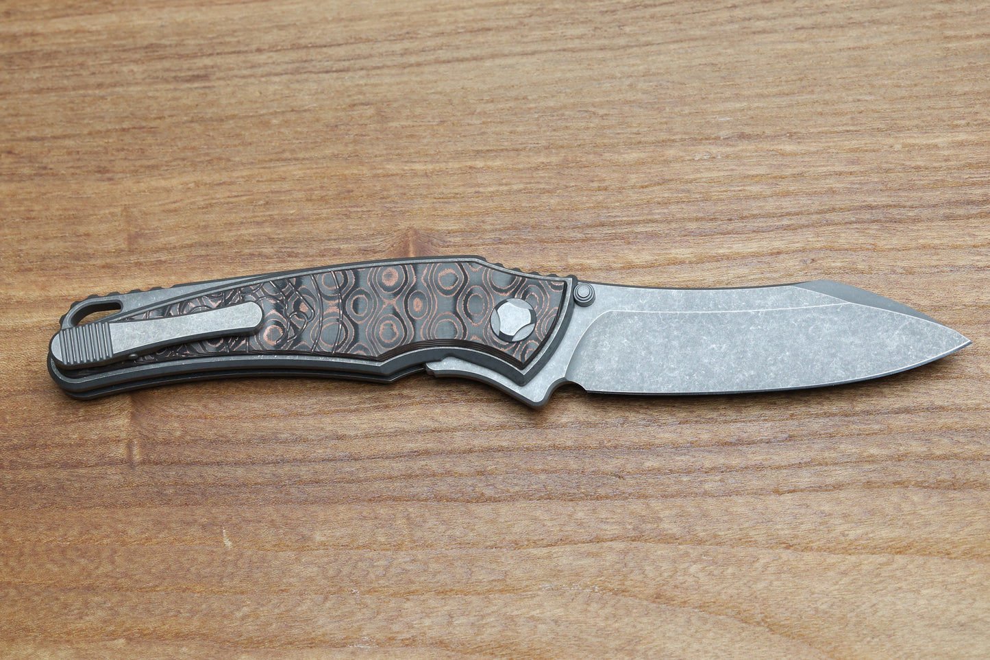HAWK KNIFE DESIGNS TALON STONEWASHED M390 BLADE, COPPER RAIN DROP FAT CARBON HANDLE OVERLAYS