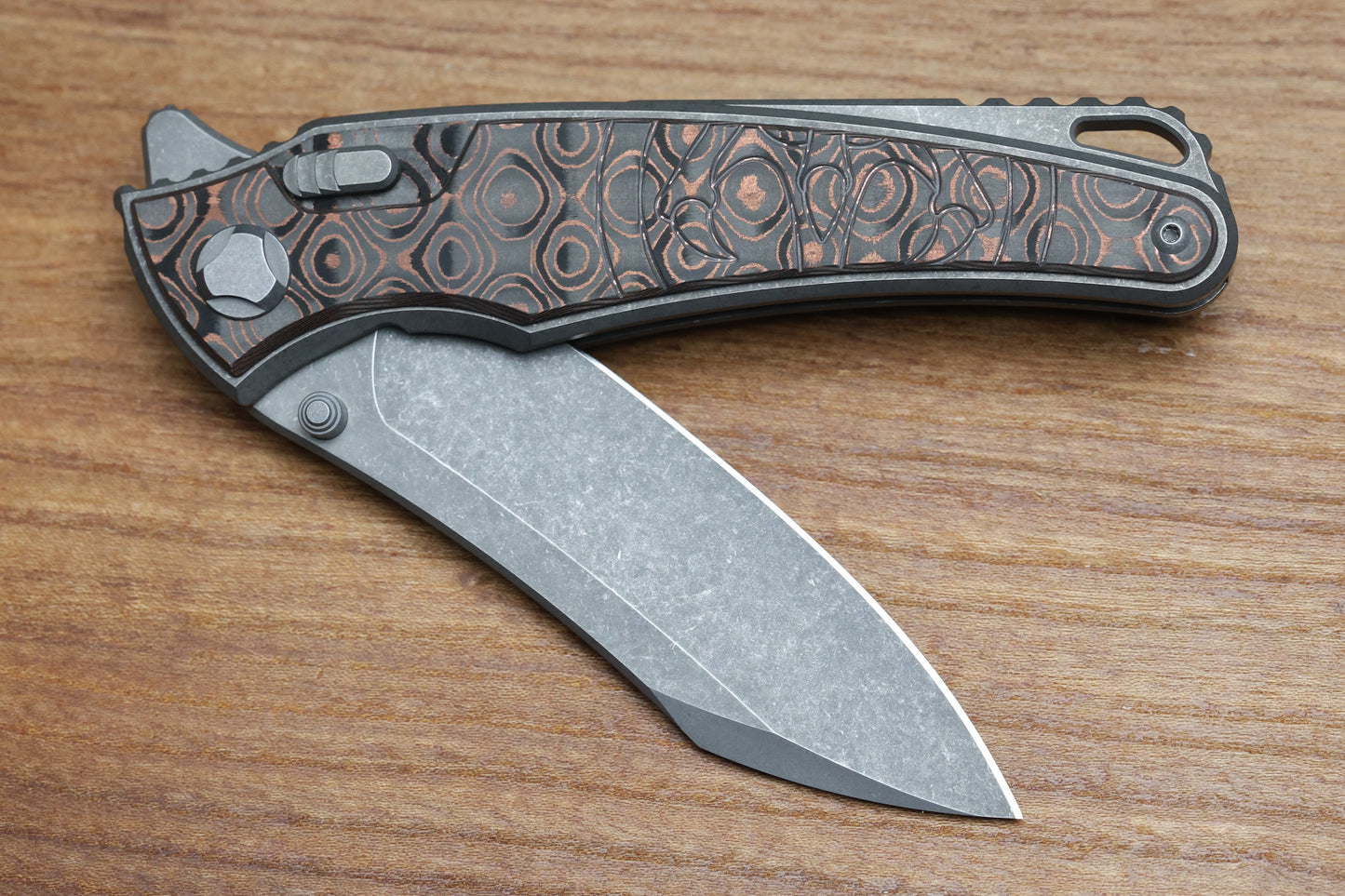HAWK KNIFE DESIGNS TALON STONEWASHED M390 BLADE, COPPER RAIN DROP FAT CARBON HANDLE OVERLAYS