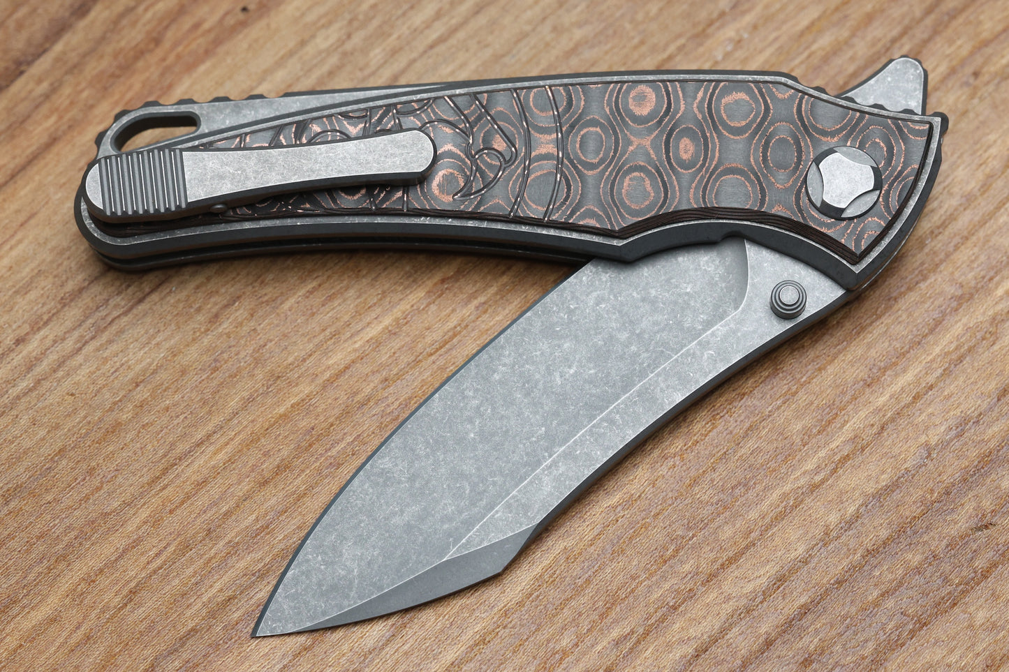 HAWK KNIFE DESIGNS TALON STONEWASHED M390 BLADE, COPPER RAIN DROP FAT CARBON HANDLE OVERLAYS