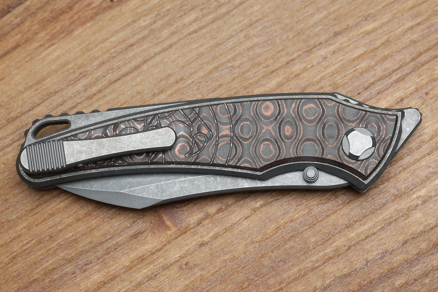 HAWK KNIFE DESIGNS TALON STONEWASHED M390 BLADE, COPPER RAIN DROP FAT CARBON HANDLE OVERLAYS