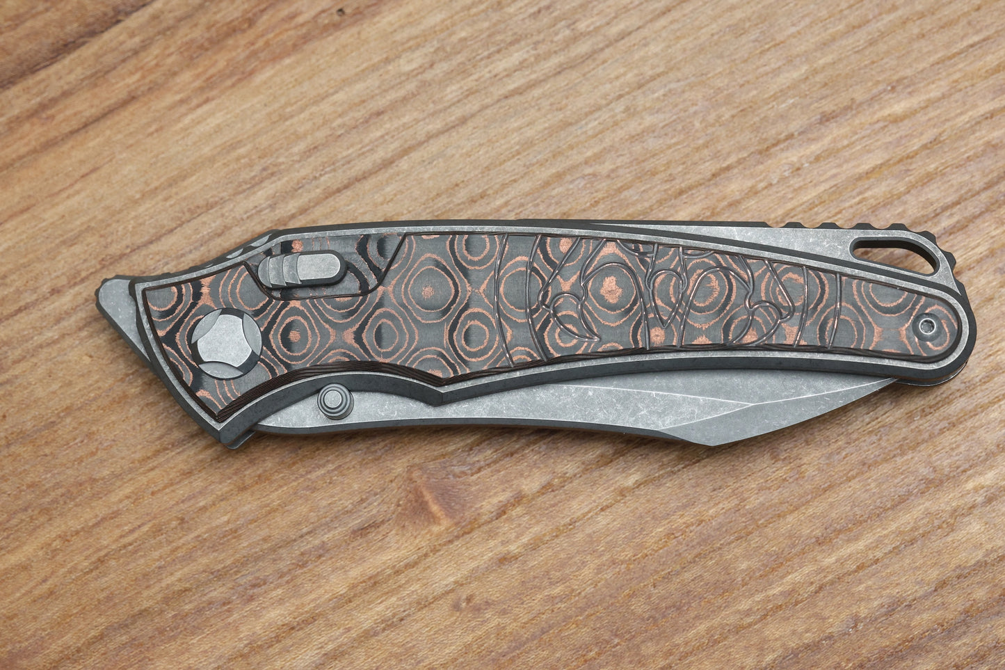 HAWK KNIFE DESIGNS TALON STONEWASHED M390 BLADE, COPPER RAIN DROP FAT CARBON HANDLE OVERLAYS