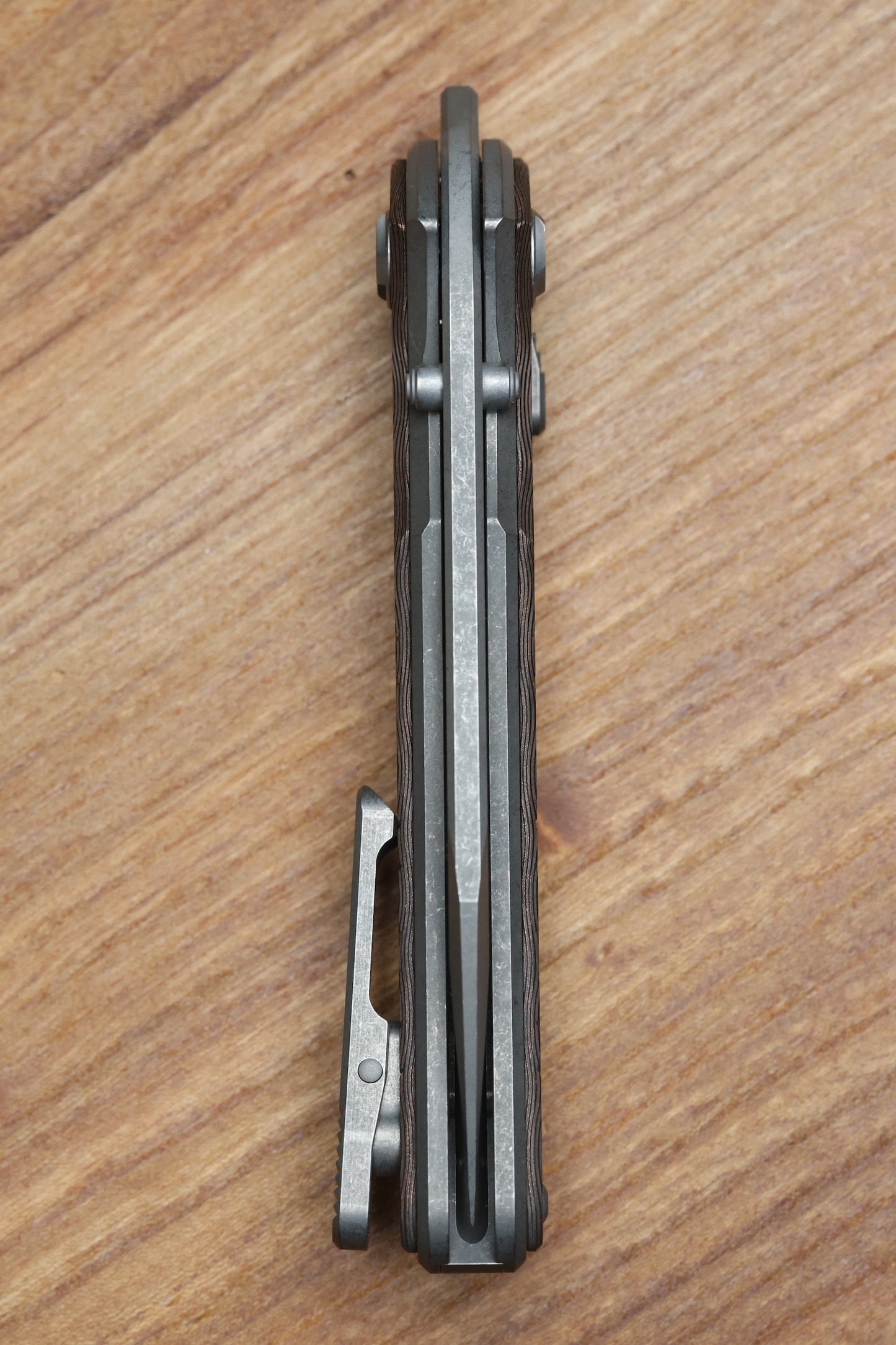 HAWK KNIFE DESIGNS TALON STONEWASHED M390 BLADE, COPPER RAIN DROP FAT CARBON HANDLE OVERLAYS